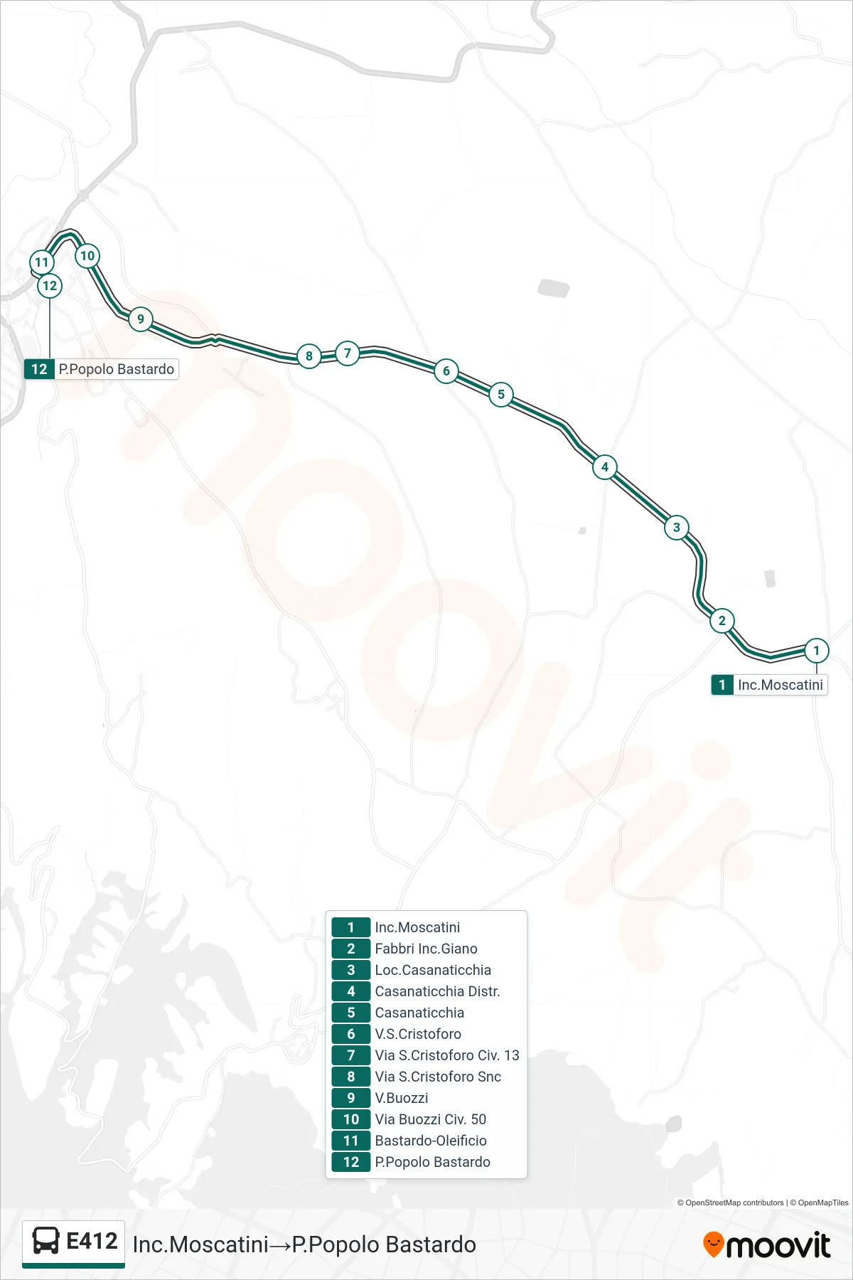 Linea E412  bus (Inc.Moscatini‎→P.Popolo Bastardo) - Percorsi e fermate sulla mappa