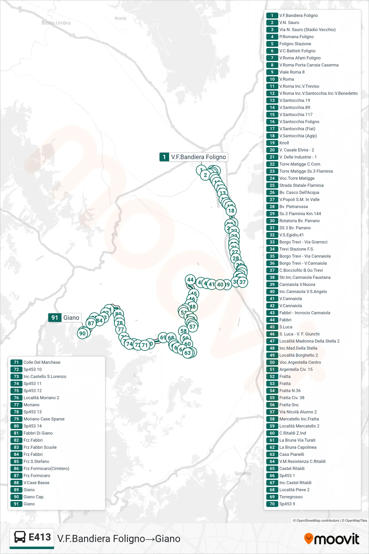 Linea E413  bus (V.F.Bandiera Foligno‎→Giano) - Percorsi e fermate sulla mappa