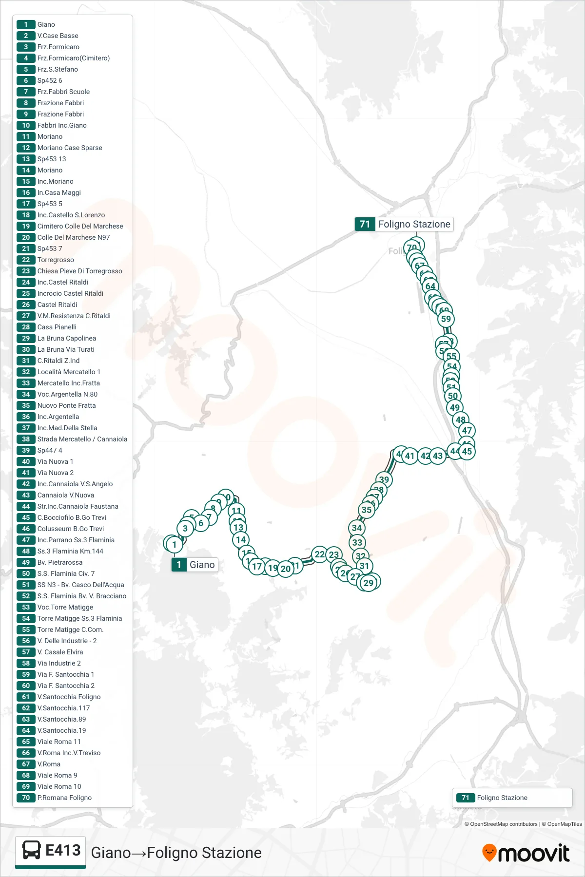 E413 bus Line (Giano→Foligno Station) route and stops on a map