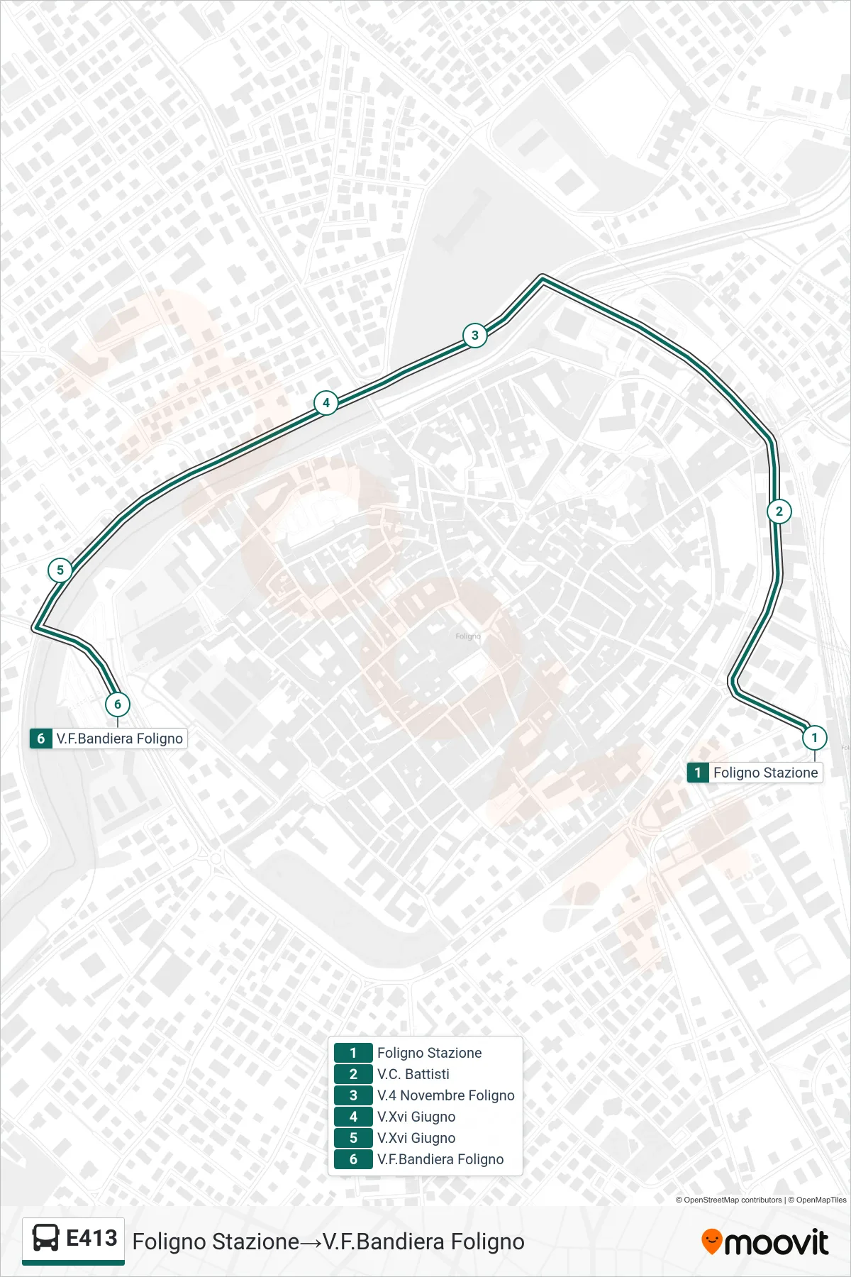 Linea E413  bus (Foligno Stazione‎→V.F.Bandiera Foligno) - Percorsi e fermate sulla mappa