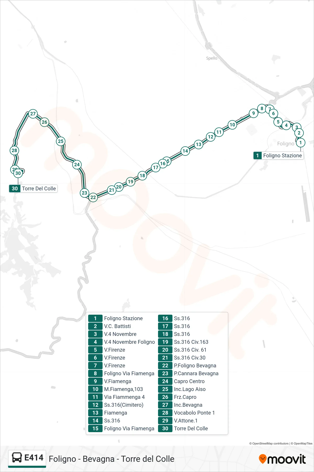 Linea E414  bus (Foligno Stazione‎→Torre Del Colle) - Percorsi e fermate sulla mappa