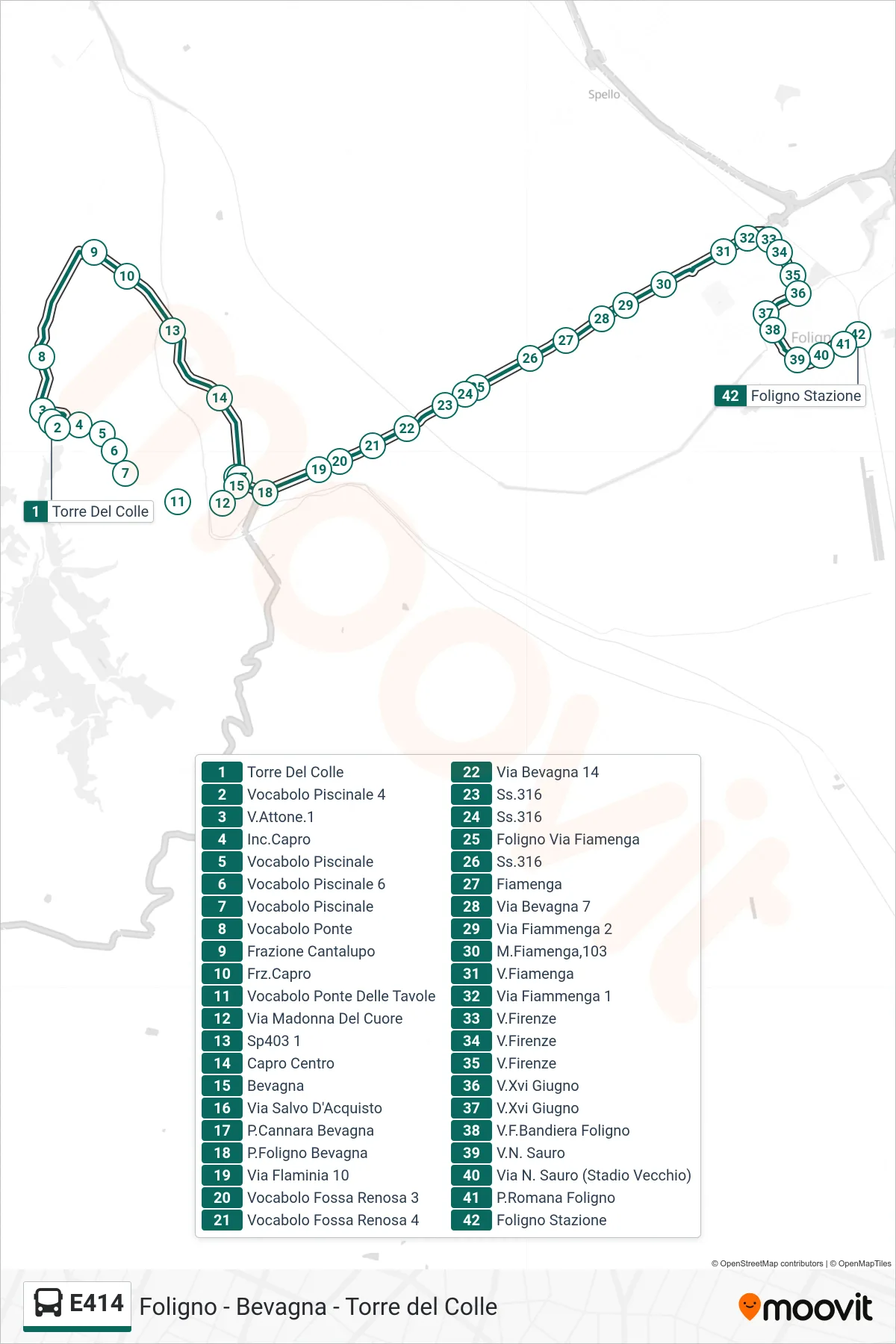 Linea E414  bus (Torre Del Colle‎→Foligno Stazione) - Percorsi e fermate sulla mappa