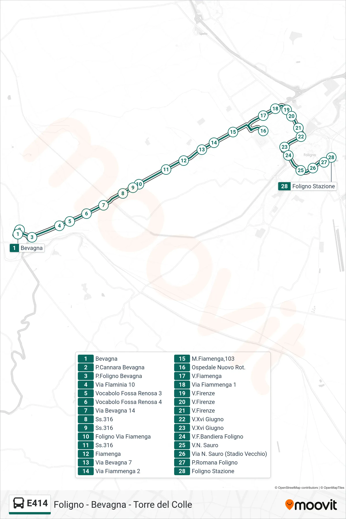E414 bus Line (Bevagna→Foligno Station) route and stops on a map