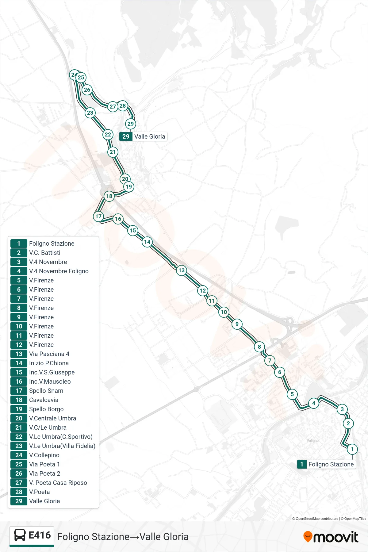 Linea E416  bus (Foligno Stazione‎→Valle Gloria) - Percorsi e fermate sulla mappa