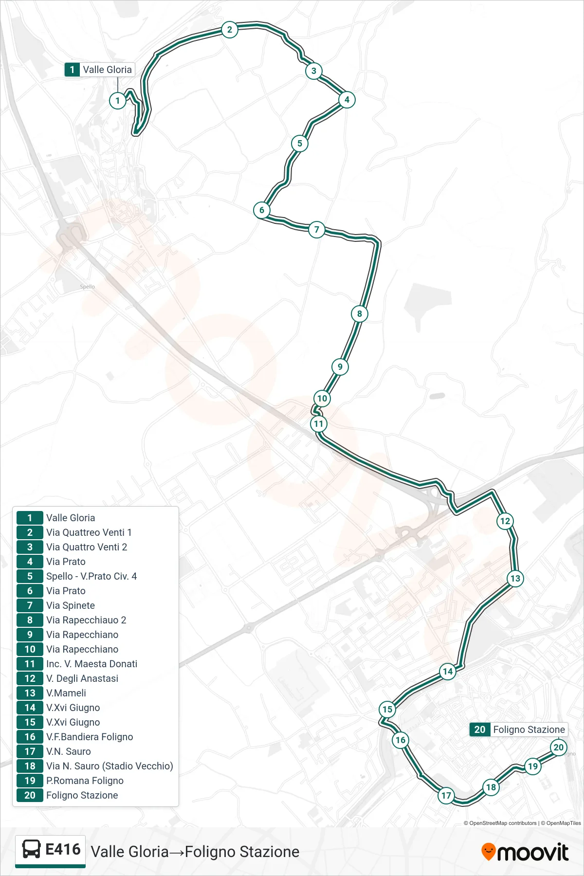 Linea E416  bus (Valle Gloria‎→Foligno Stazione) - Percorsi e fermate sulla mappa