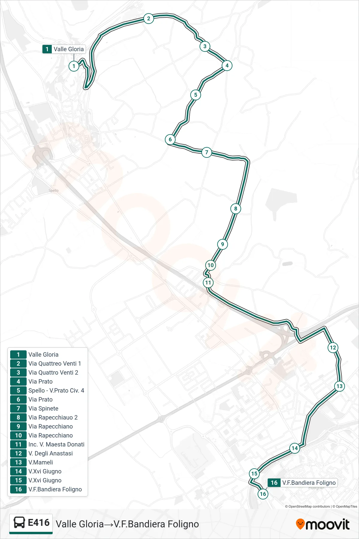 Linea E416  bus (Valle Gloria‎→V.F.Bandiera Foligno) - Percorsi e fermate sulla mappa