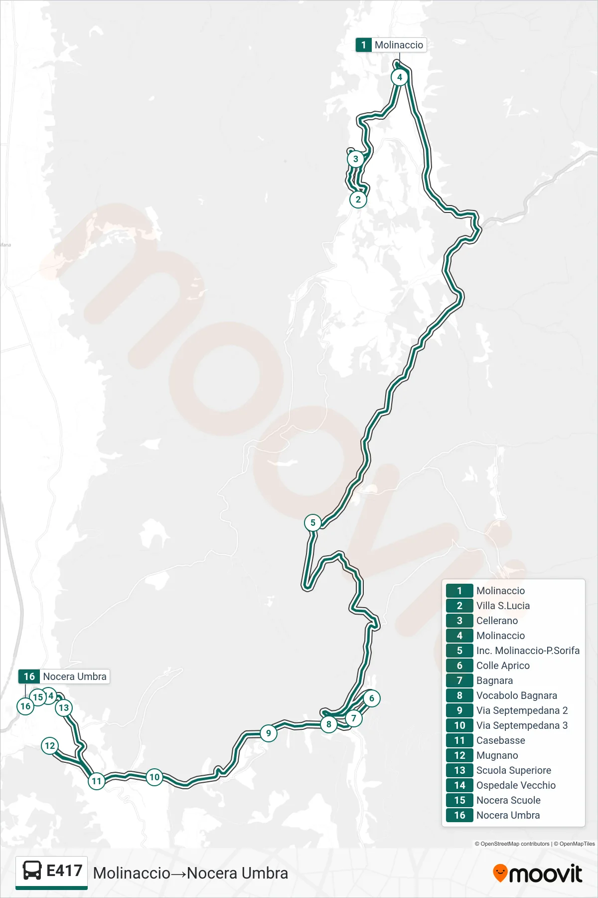 Linea E417  bus (Molinaccio‎→Nocera Umbra) - Percorsi e fermate sulla mappa