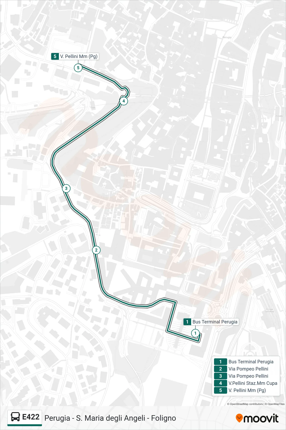 E422 bus Line (Perugia Bus Terminal→Via Pellini MM (Perugia)) route and stops on a map