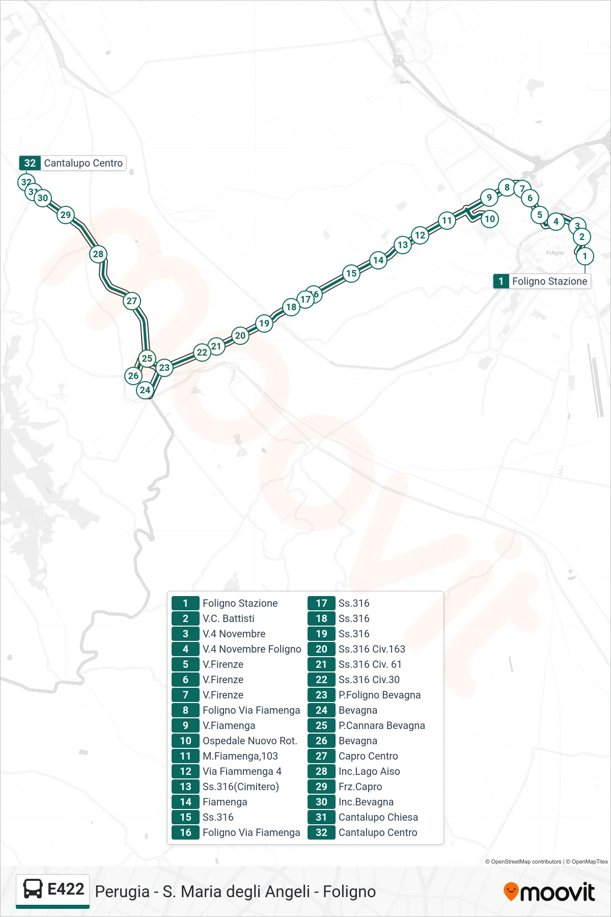 Linea E422 bus (Foligno Stazione→Cantalupo Centro) - Percorsi e fermate sulla mappa