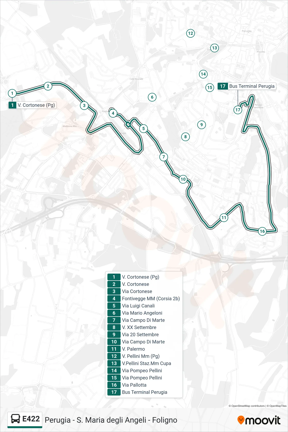 E422 bus Line (Via Cortonese (Perugia)‎→Perugia Bus Terminal) route and stops on a map