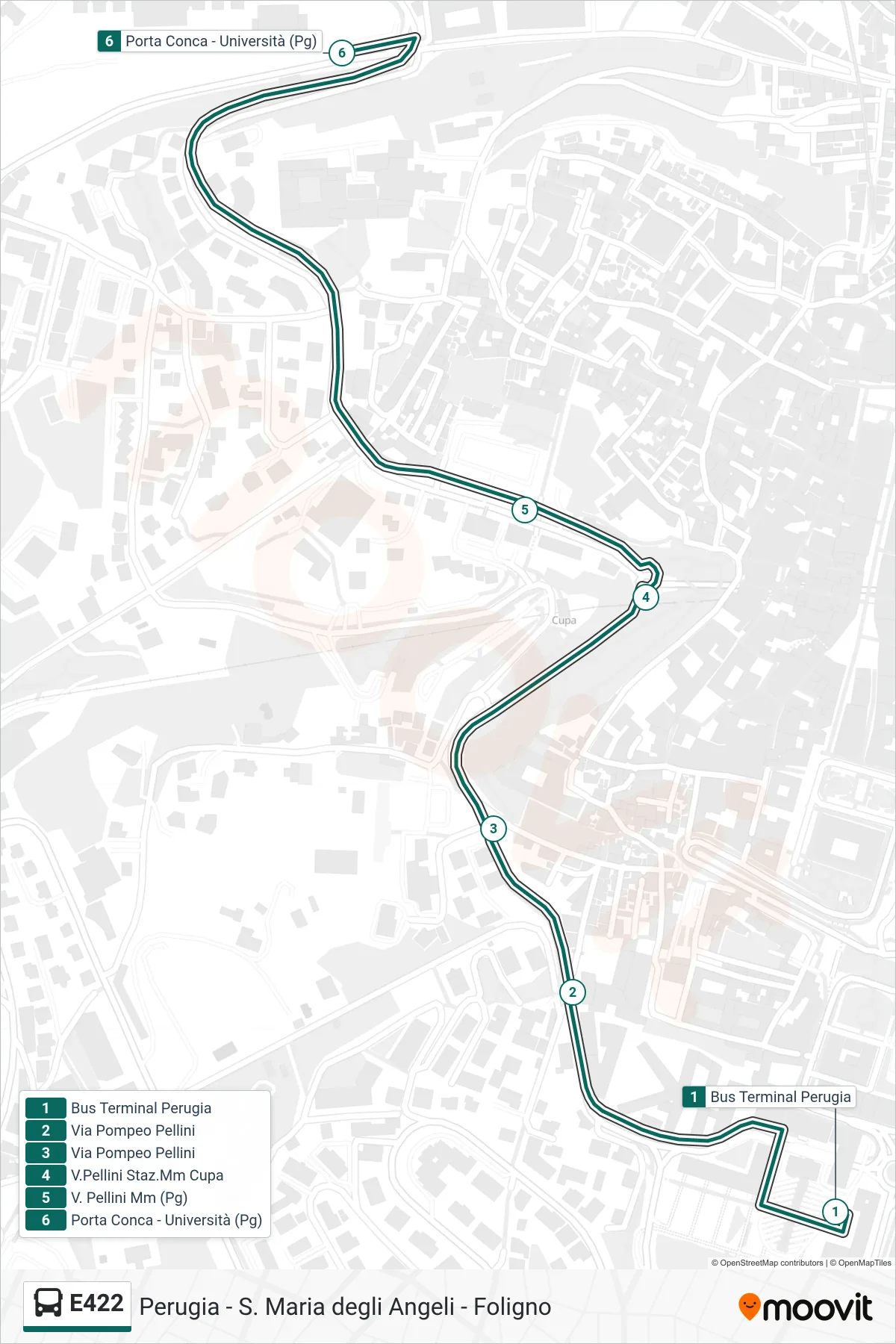 Linea E422  bus (Bus Terminal Perugia‎→Porta Conca - Università (Pg)) - Percorsi e fermate sulla mappa