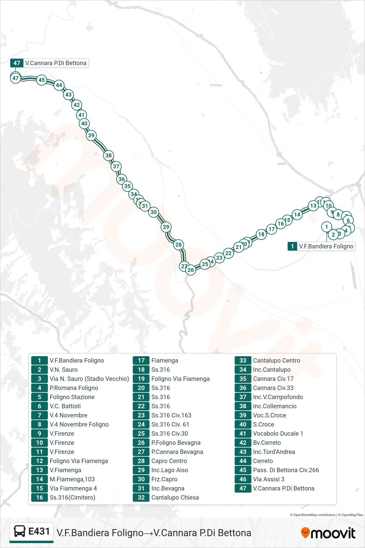Linea E431  bus (V.F.Bandiera Foligno‎→V.Cannara P.Di Bettona) - Percorsi e fermate sulla mappa
