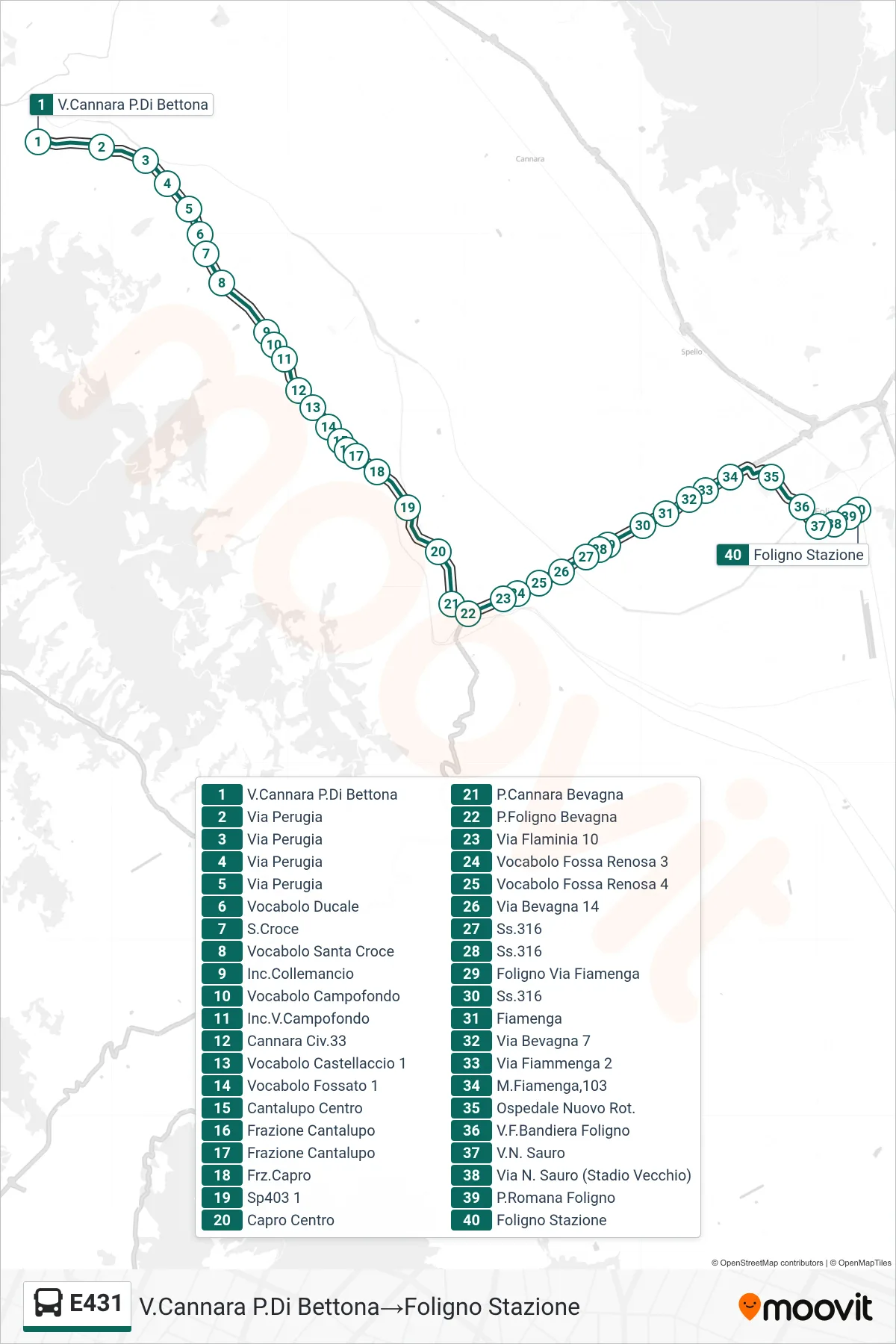Linea E431  bus (V.Cannara P.Di Bettona‎→Foligno Stazione) - Percorsi e fermate sulla mappa