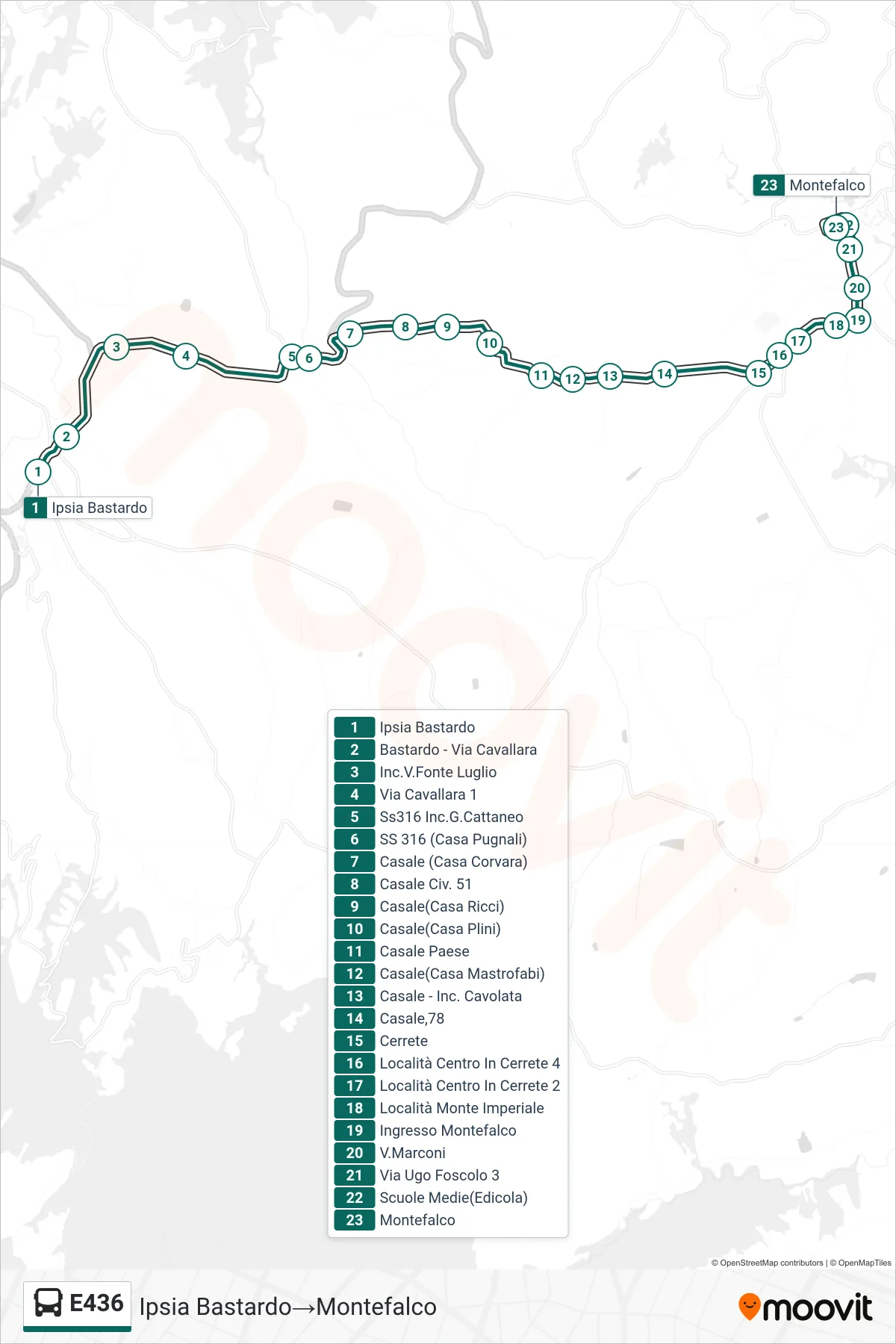 Linea E436  bus (Ipsia Bastardo‎→Montefalco) - Percorsi e fermate sulla mappa