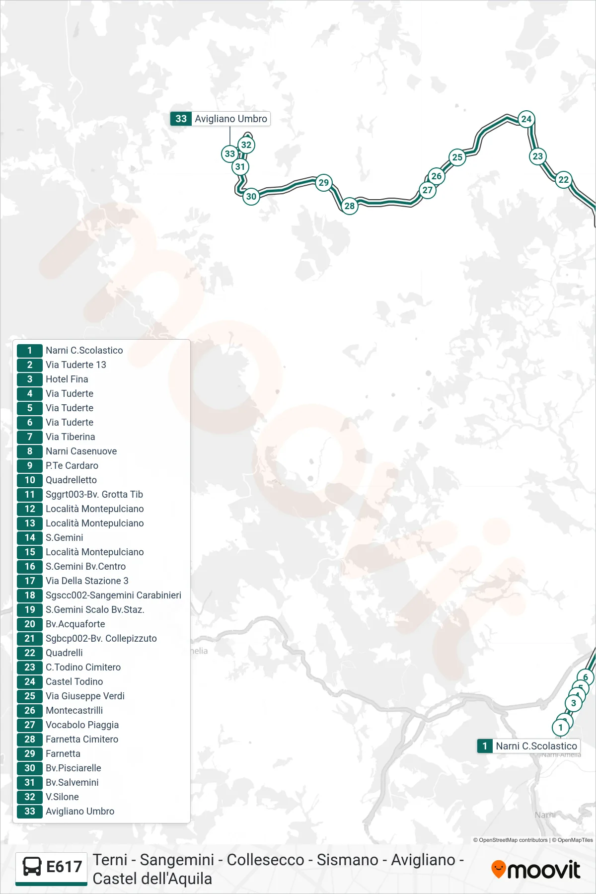 Linea E617 bus (Narni C.Scolastico→Avigliano Umbro) - Percorsi e fermate sulla mappa