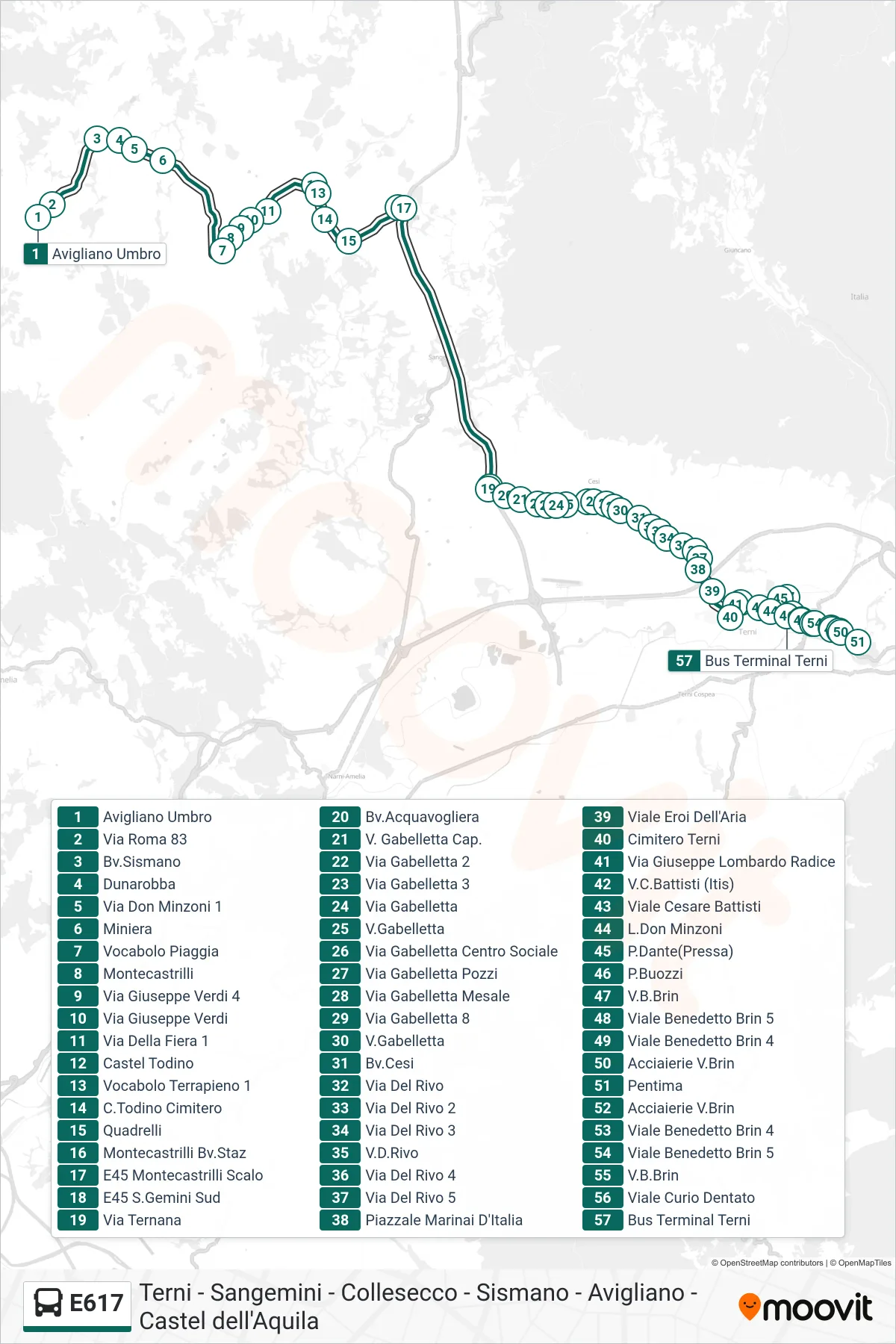 Linea E617 bus (Avigliano Umbro→Bus Terminal Terni) - Percorsi e fermate sulla mappa