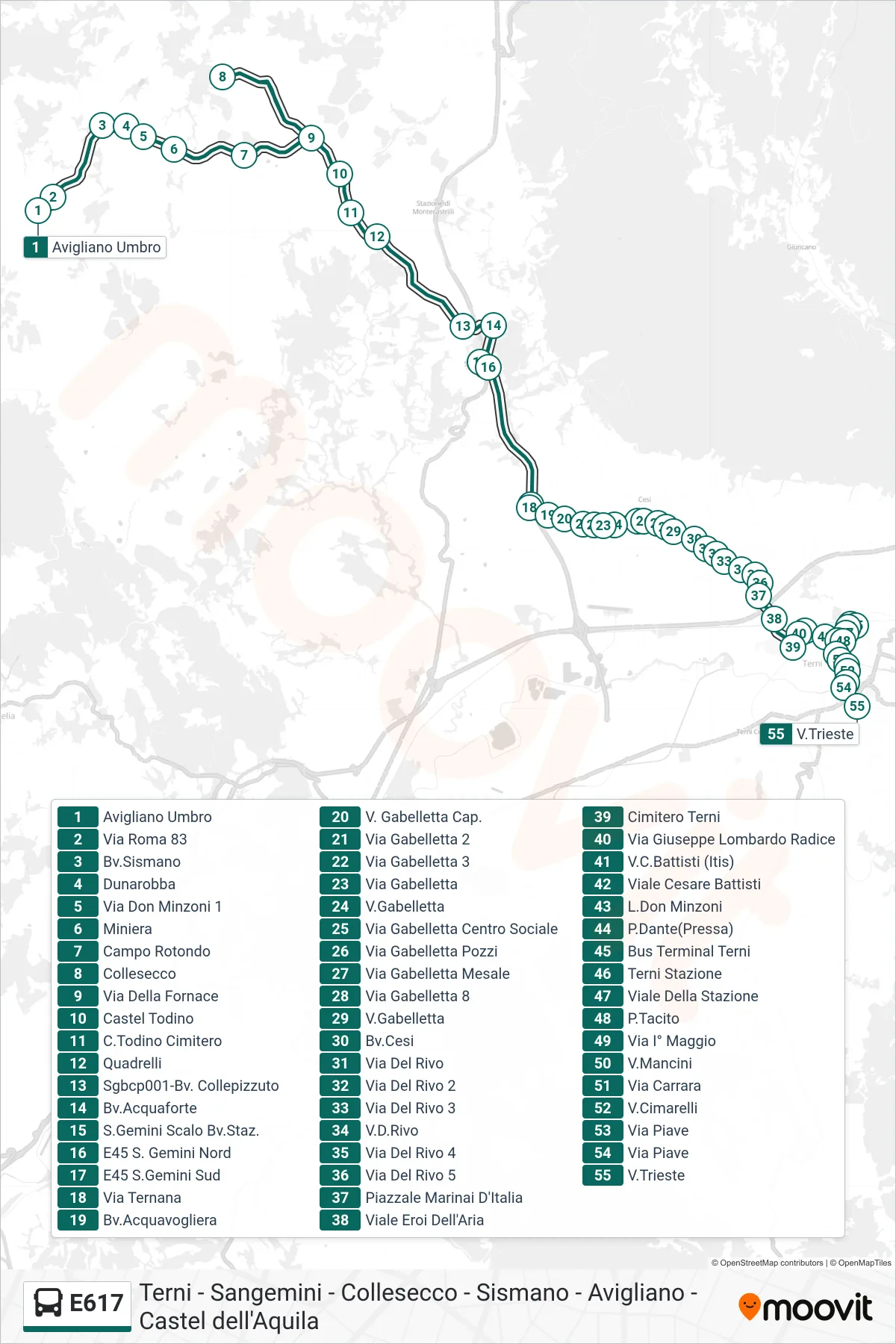E617 bus Line (Avigliano Umbro→Via Trieste) route and stops on a map