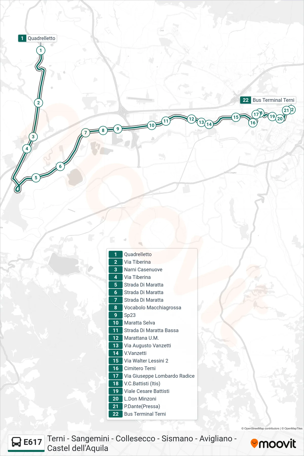 Linea E617 bus (Quadrelletto→Bus Terminal Terni) - Percorsi e fermate sulla mappa