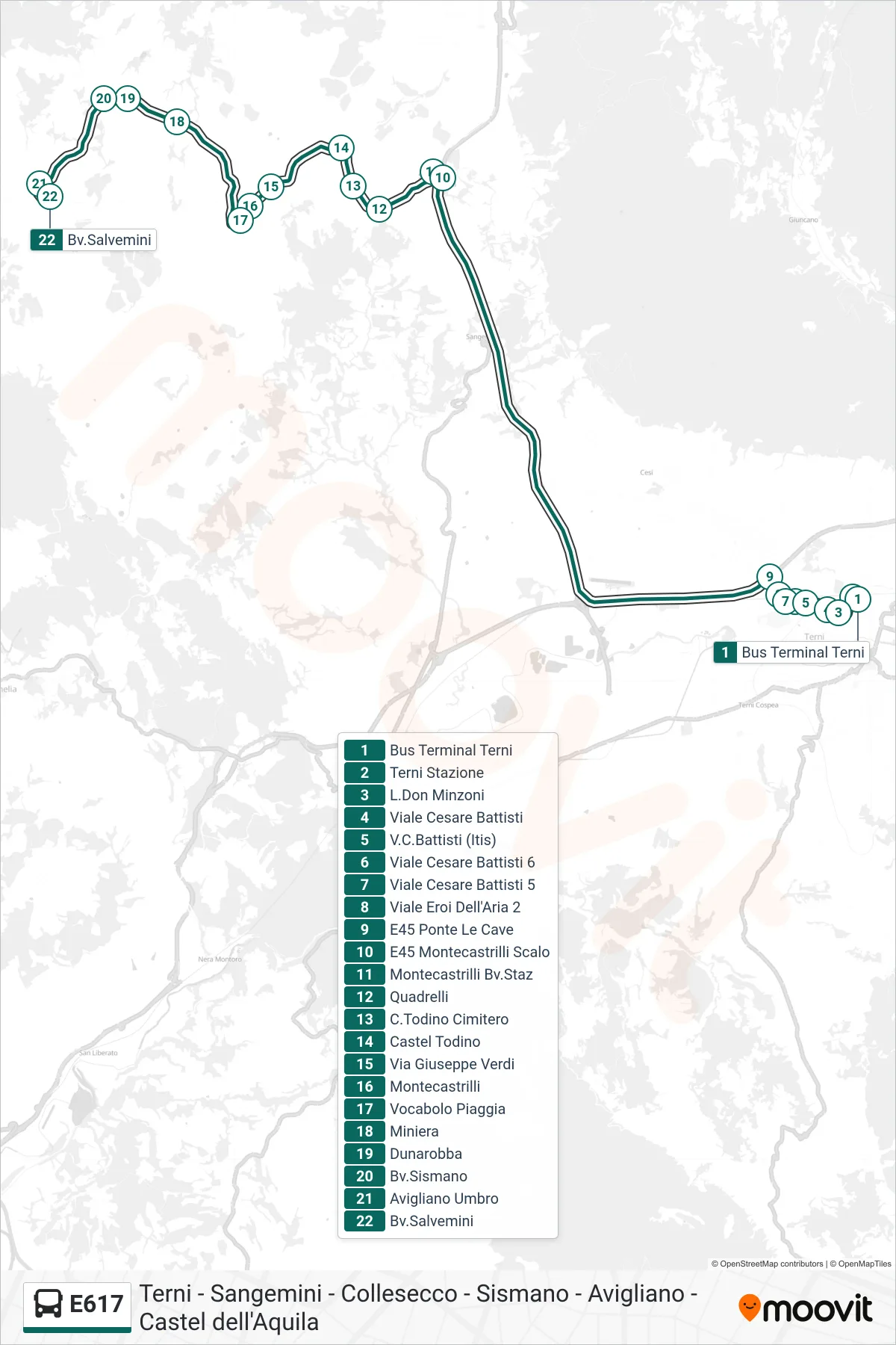 E617 bus Line (Bus Terminal Terni→Salvemini Junction) route and stops on a map