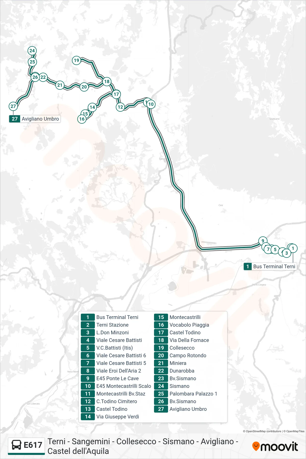 Linea E617  bus (Bus Terminal Terni‎→Avigliano Umbro) - Percorsi e fermate sulla mappa