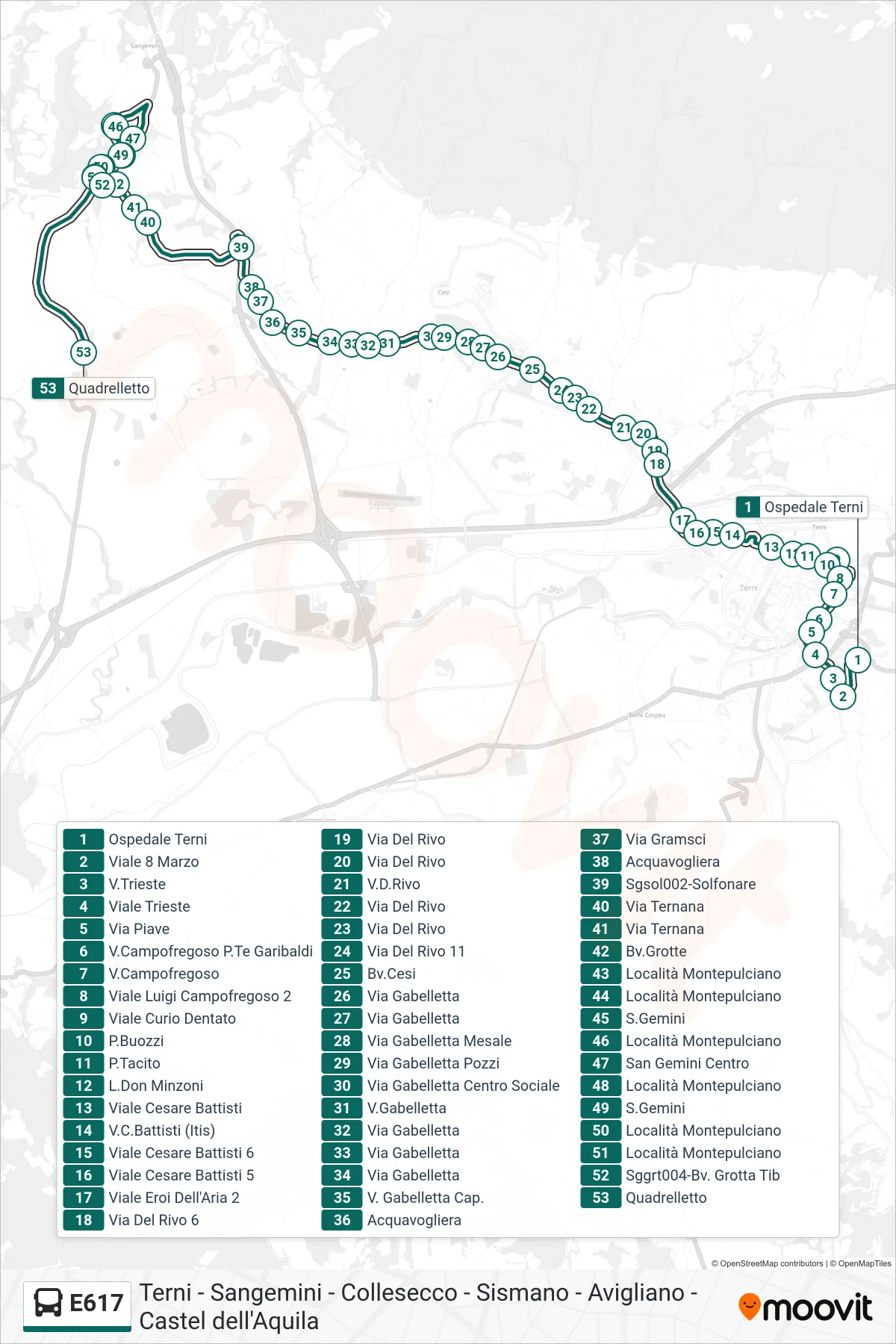 E617 bus Line (Terni Hospital→Quadrelletto) route and stops on a map