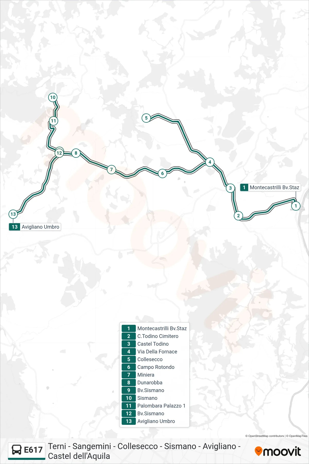 Linea E617  bus (Montecastrilli Bv.Staz‎→Avigliano Umbro) - Percorsi e fermate sulla mappa