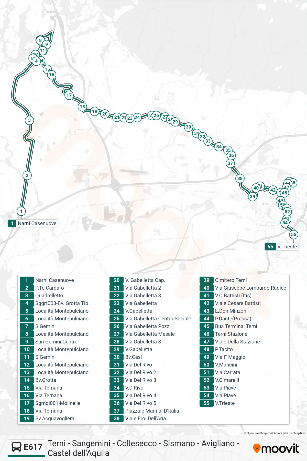 Linea E617  bus (Narni Casenuove‎→V.Trieste) - Percorsi e fermate sulla mappa
