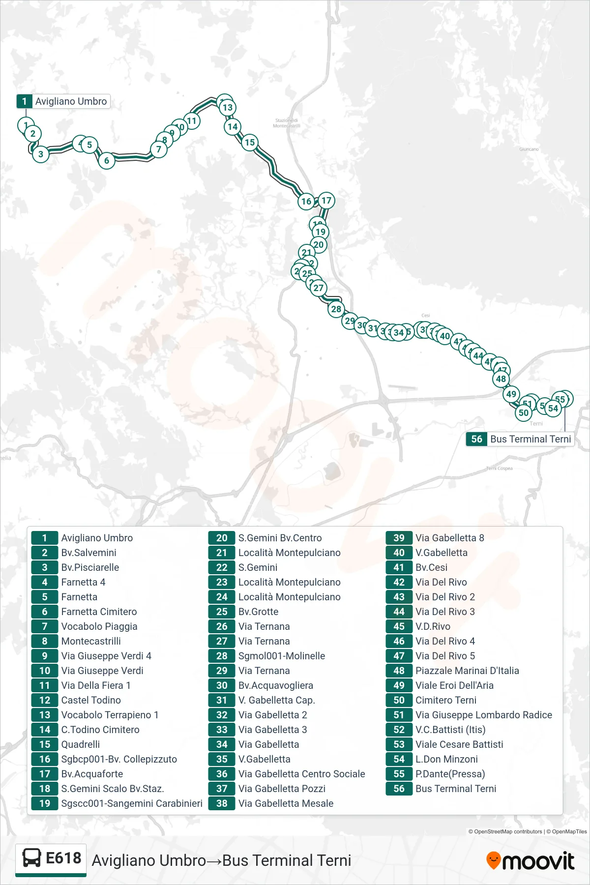 Linea E618 bus (Avigliano Umbro→Bus Terminal Terni) - Percorsi e fermate sulla mappa