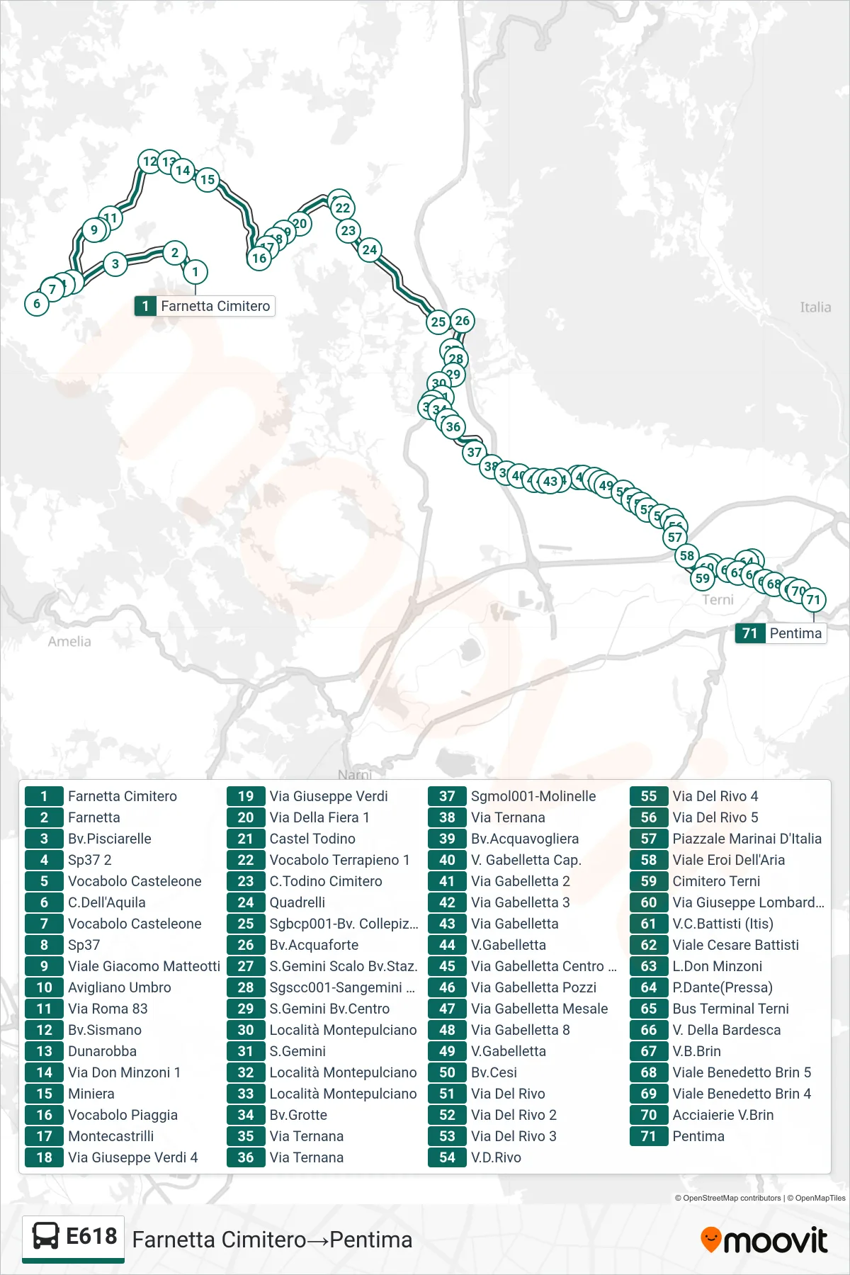 Linea E618  bus (Farnetta Cimitero‎→Pentima) - Percorsi e fermate sulla mappa