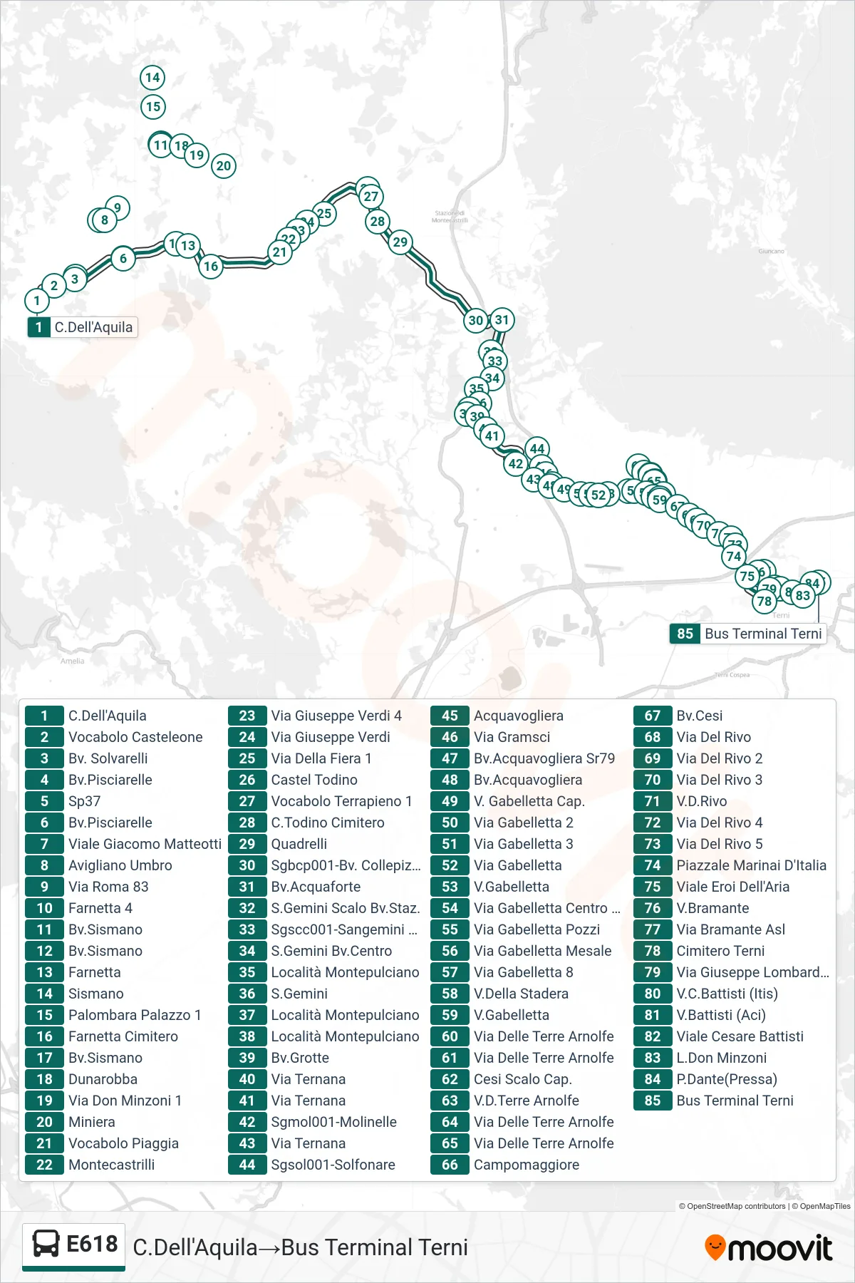 Linea E618  bus (C.Dell'Aquila‎→Bus Terminal Terni) - Percorsi e fermate sulla mappa