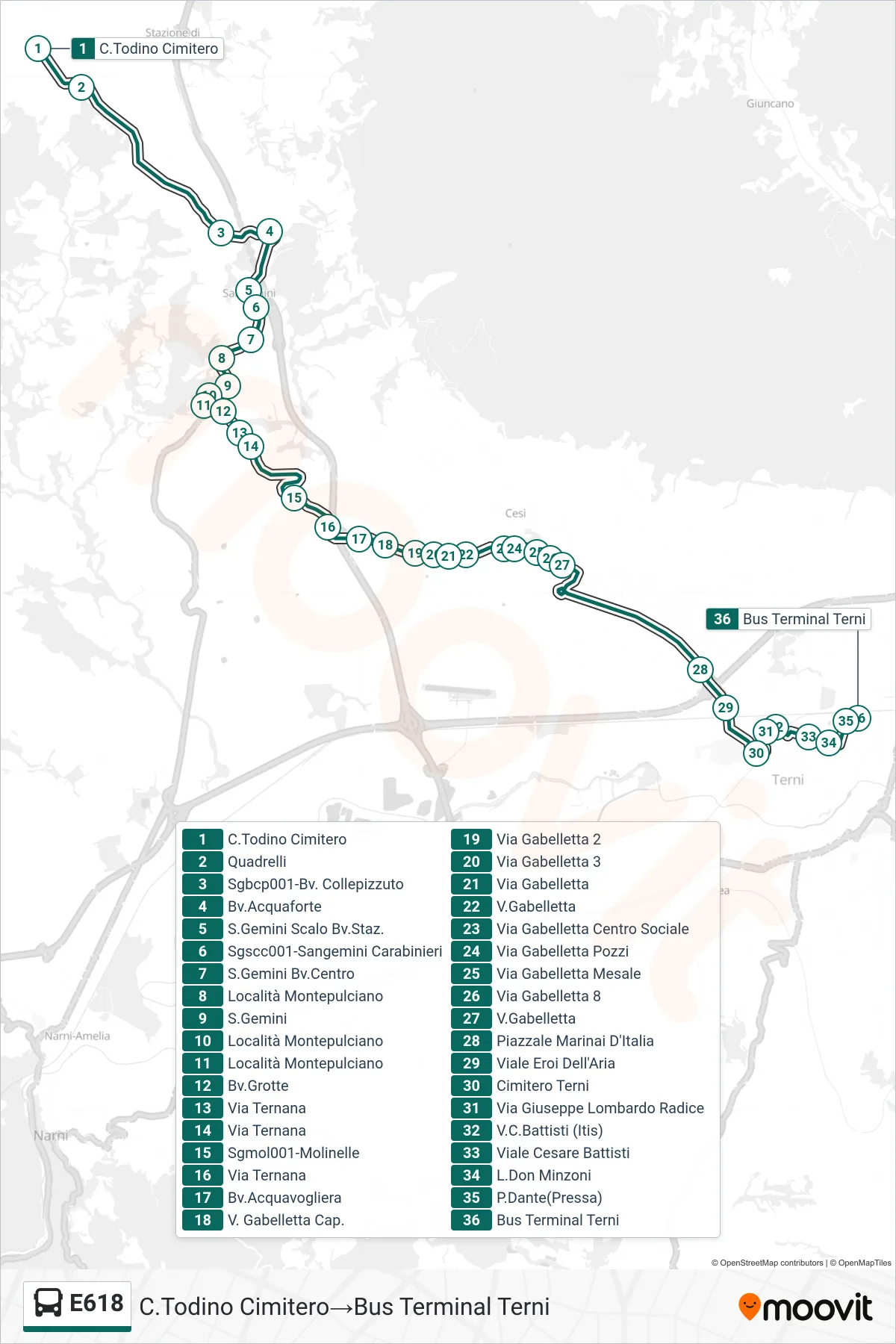 Linea E618 bus (C.Todino Cimitero→Bus Terminal Terni) - Percorsi e fermate sulla mappa