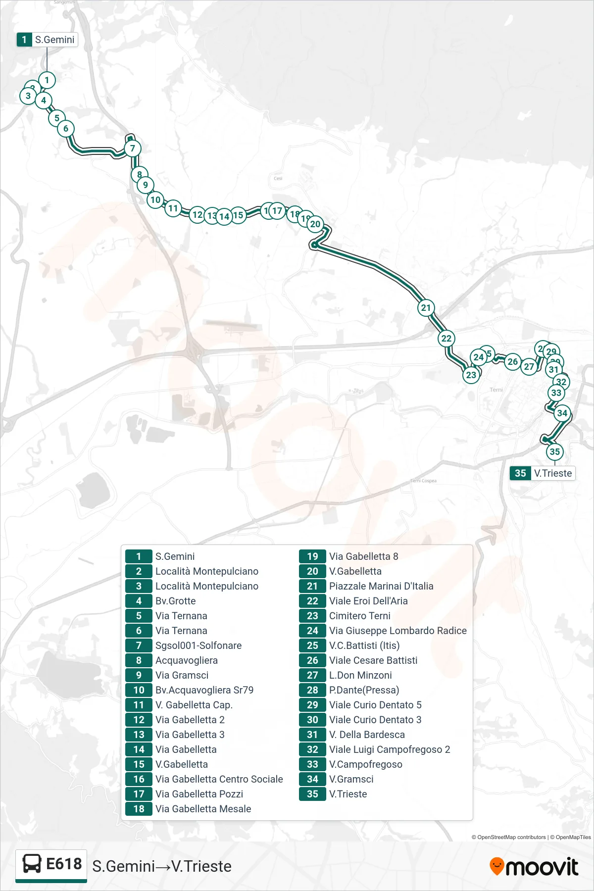 Linea E618 bus (S.Gemini→V.Trieste) - Percorsi e fermate sulla mappa