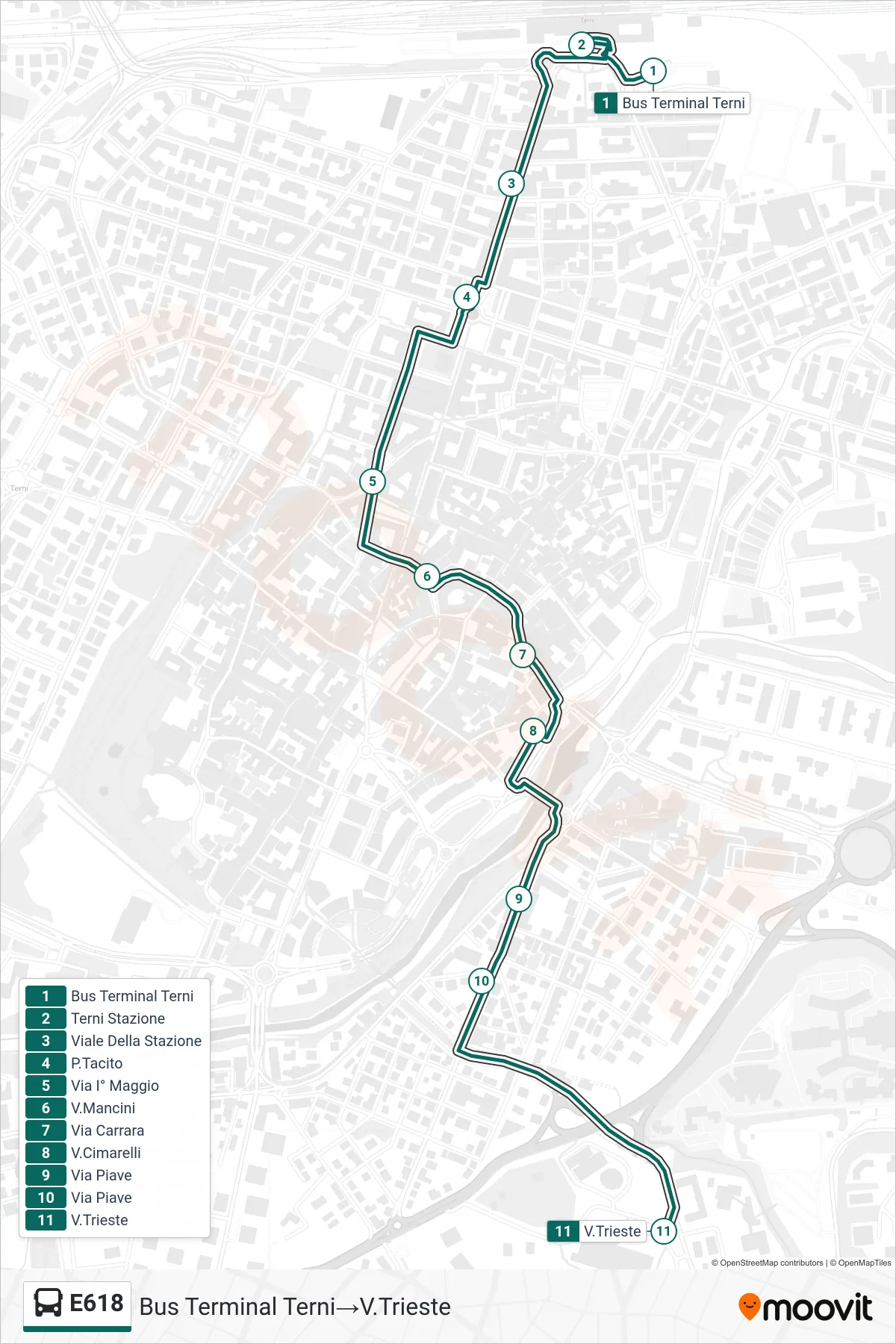 Linea E618  bus (Bus Terminal Terni‎→V.Trieste) - Percorsi e fermate sulla mappa