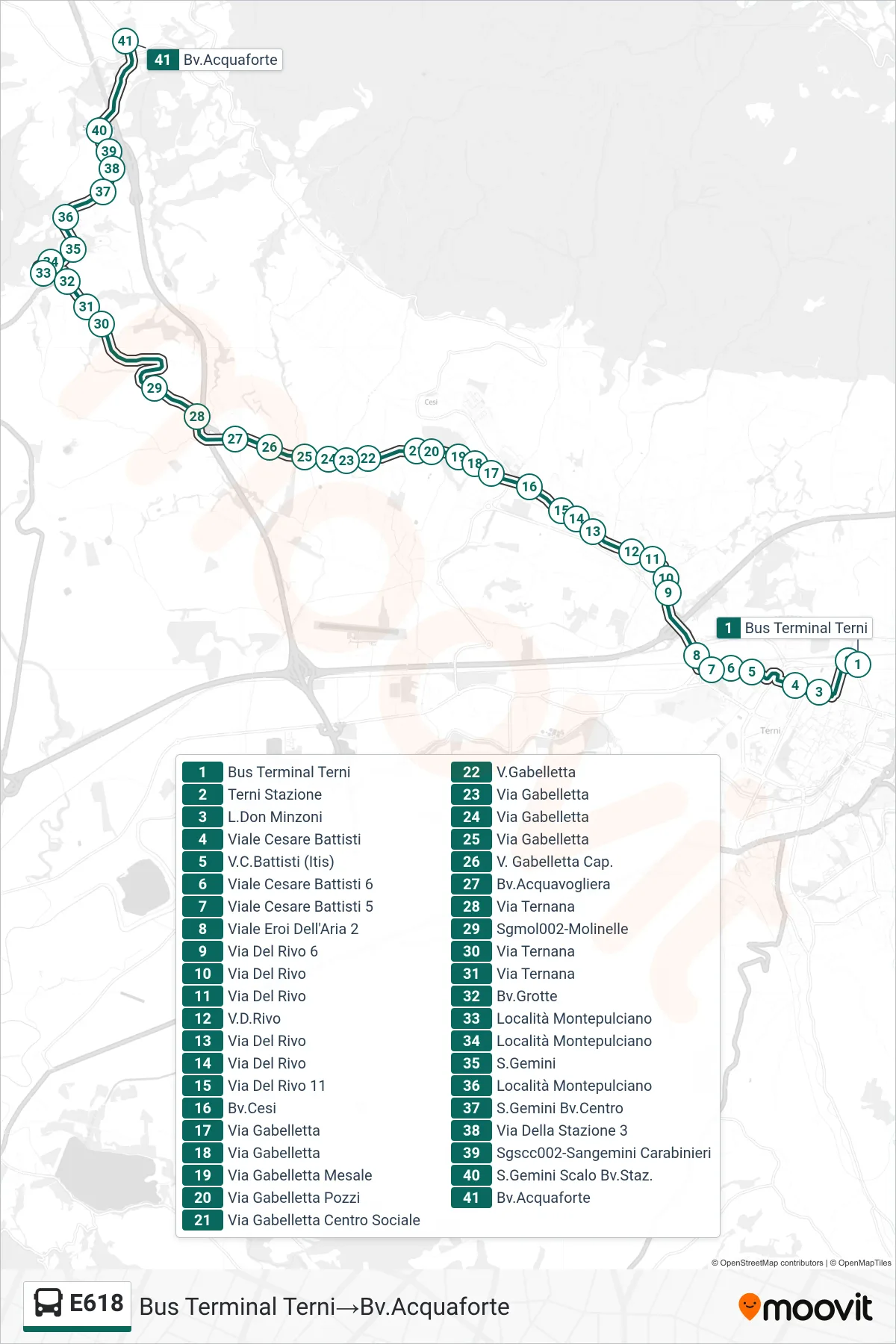 Linea E618 bus (Bus Terminal Terni→Bv.Acquaforte) - Percorsi e fermate sulla mappa