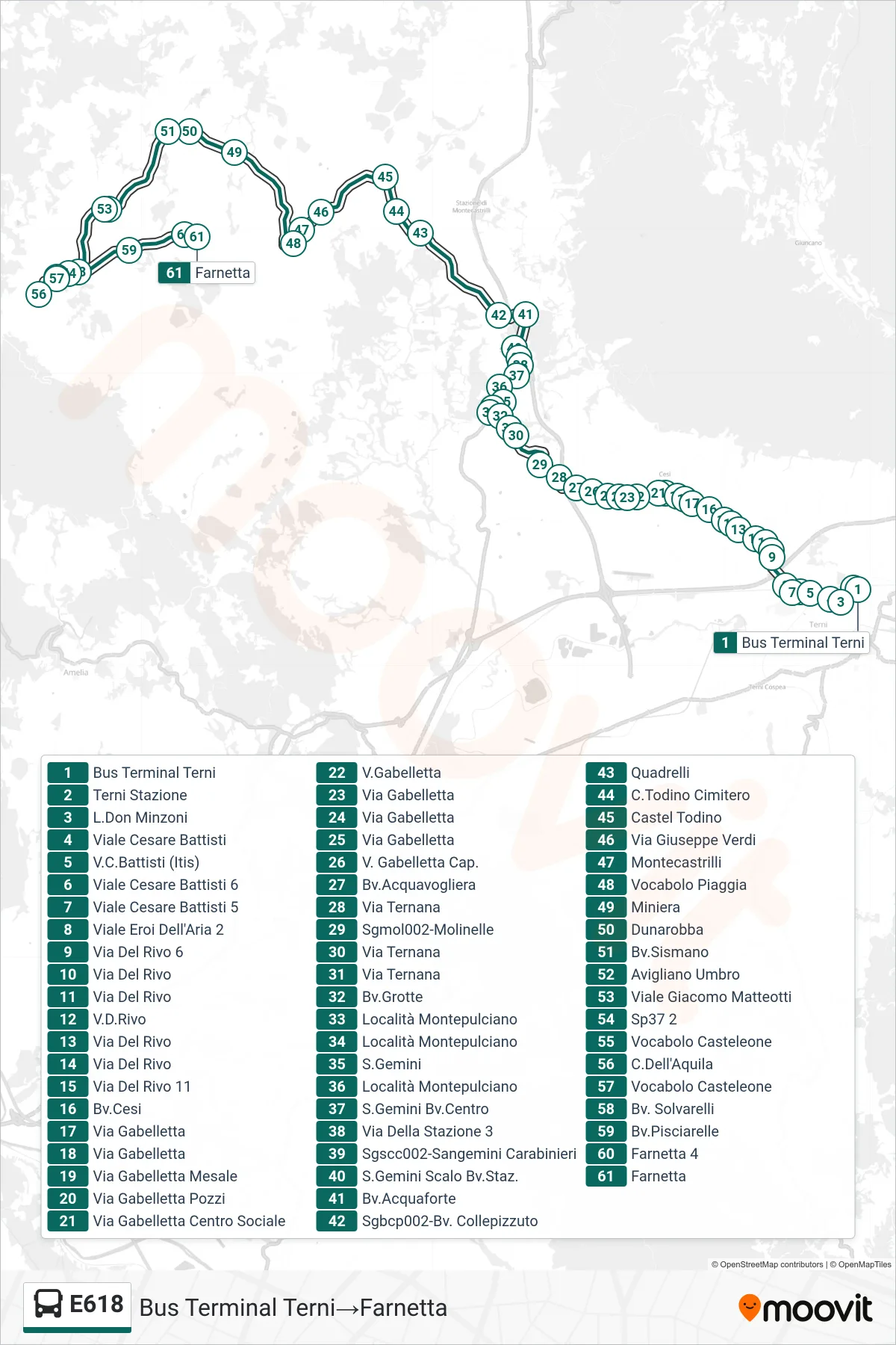 Linea E618 bus (Bus Terminal Terni→Farnetta) - Percorsi e fermate sulla mappa