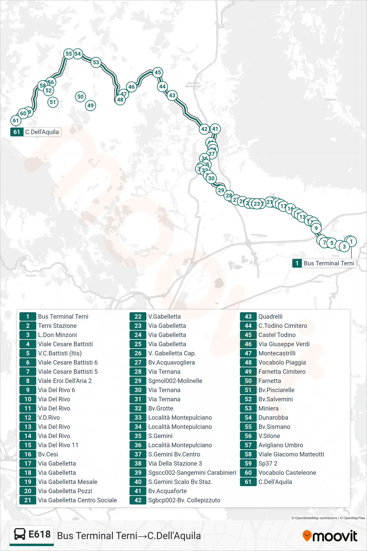 Linea E618  bus (Bus Terminal Terni‎→C.Dell'Aquila) - Percorsi e fermate sulla mappa