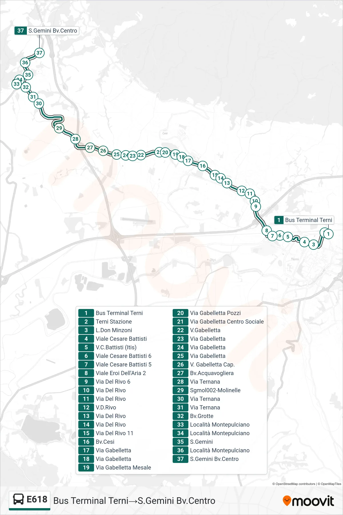 Linea E618  bus (Bus Terminal Terni‎→S.Gemini Bv.Centro) - Percorsi e fermate sulla mappa