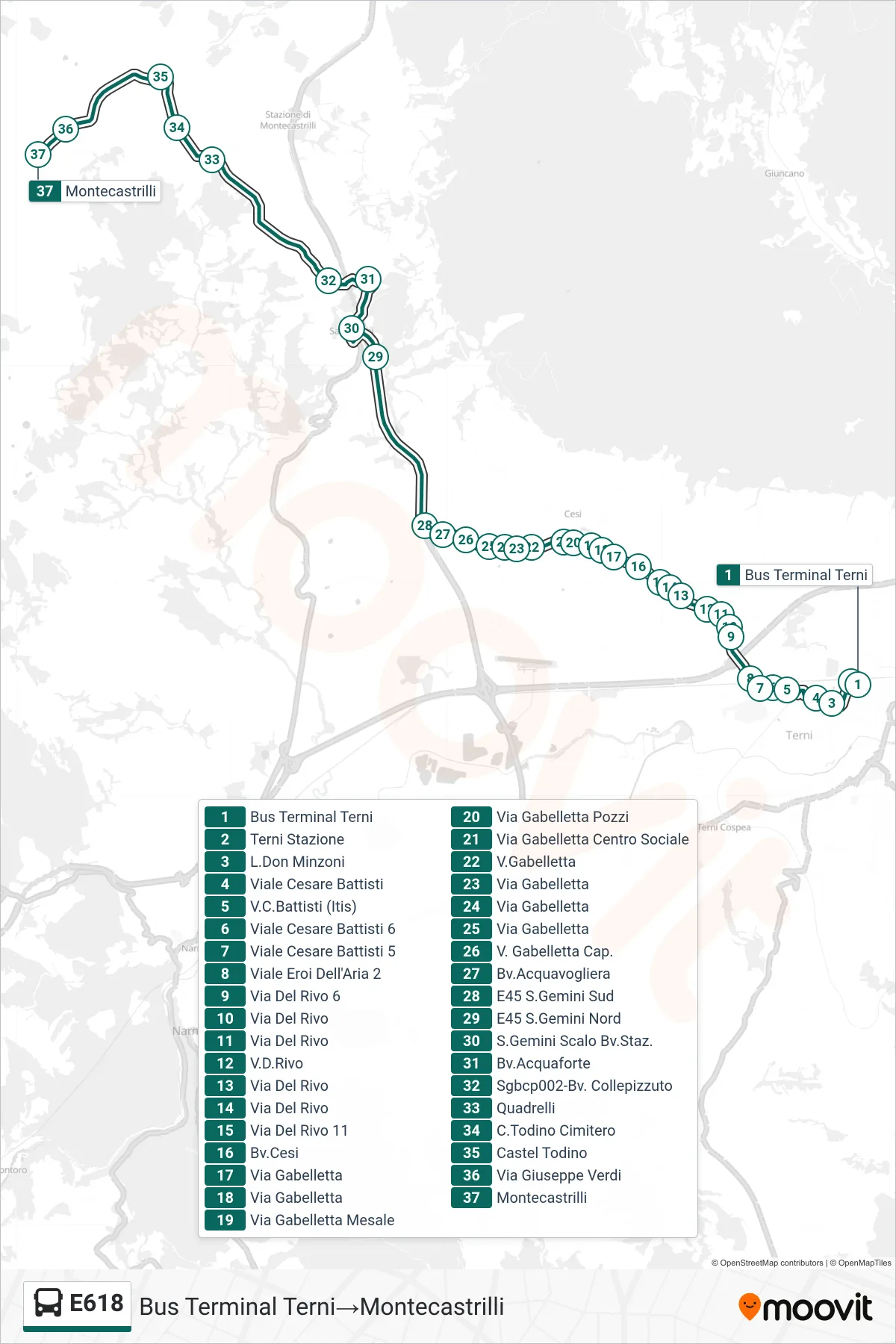 Linea E618  bus (Bus Terminal Terni‎→Montecastrilli) - Percorsi e fermate sulla mappa