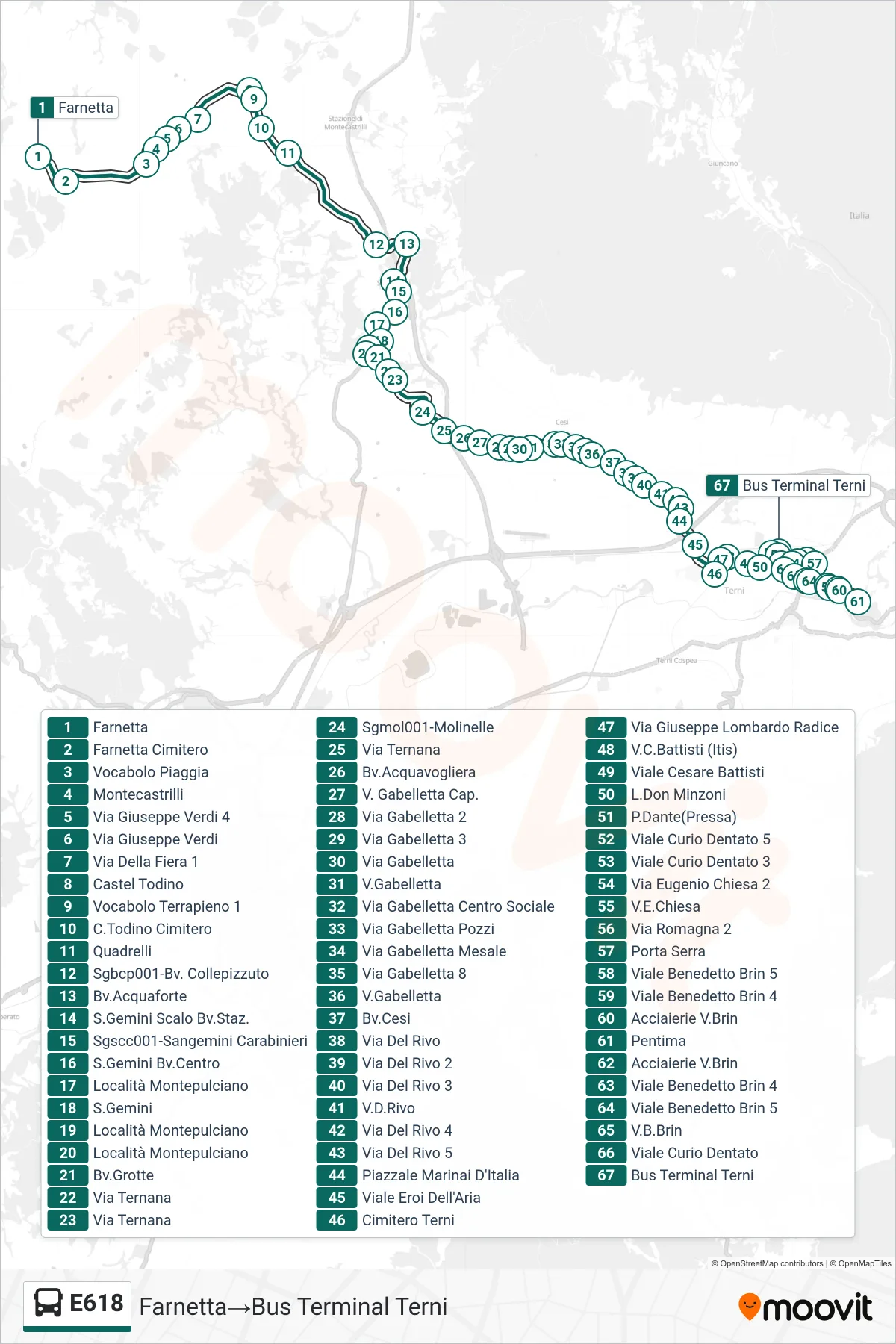 Linea E618  bus (Farnetta‎→Bus Terminal Terni) - Percorsi e fermate sulla mappa