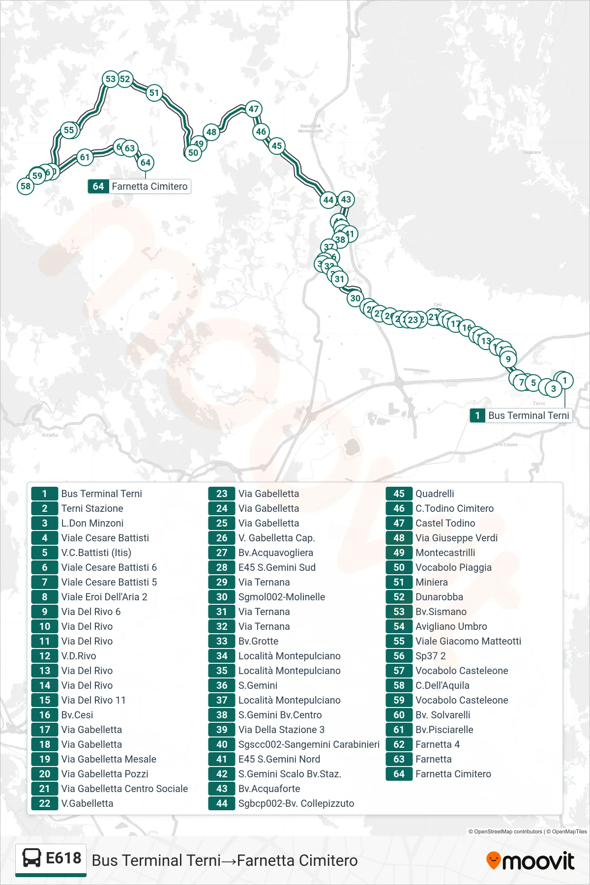 Linea E618 bus (Bus Terminal Terni→Farnetta Cimitero) - Percorsi e fermate sulla mappa