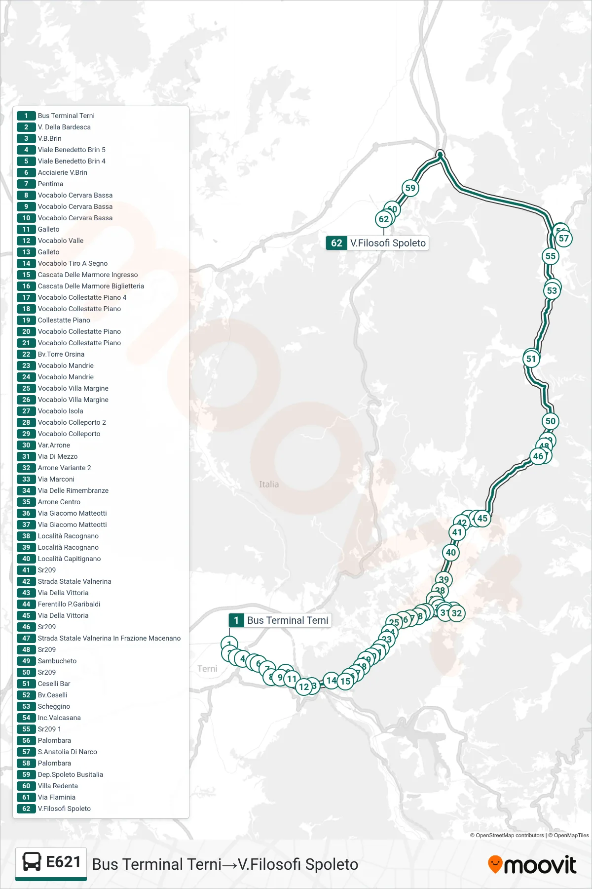 Linea E621 bus (Bus Terminal Terni→V.Filosofi Spoleto) - Percorsi e fermate sulla mappa