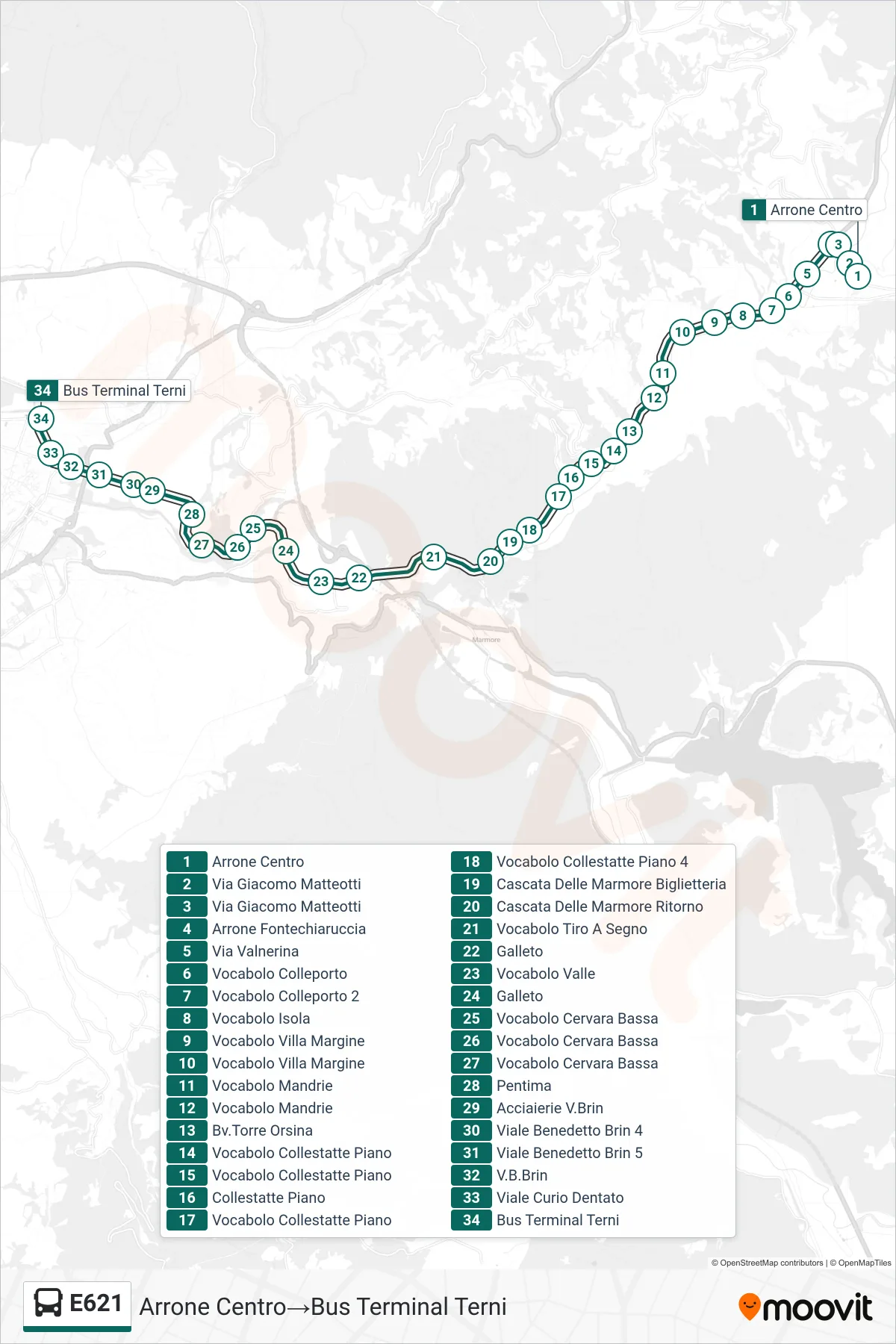 Linea E621 bus (Arrone Centro→Bus Terminal Terni) - Percorsi e fermate sulla mappa