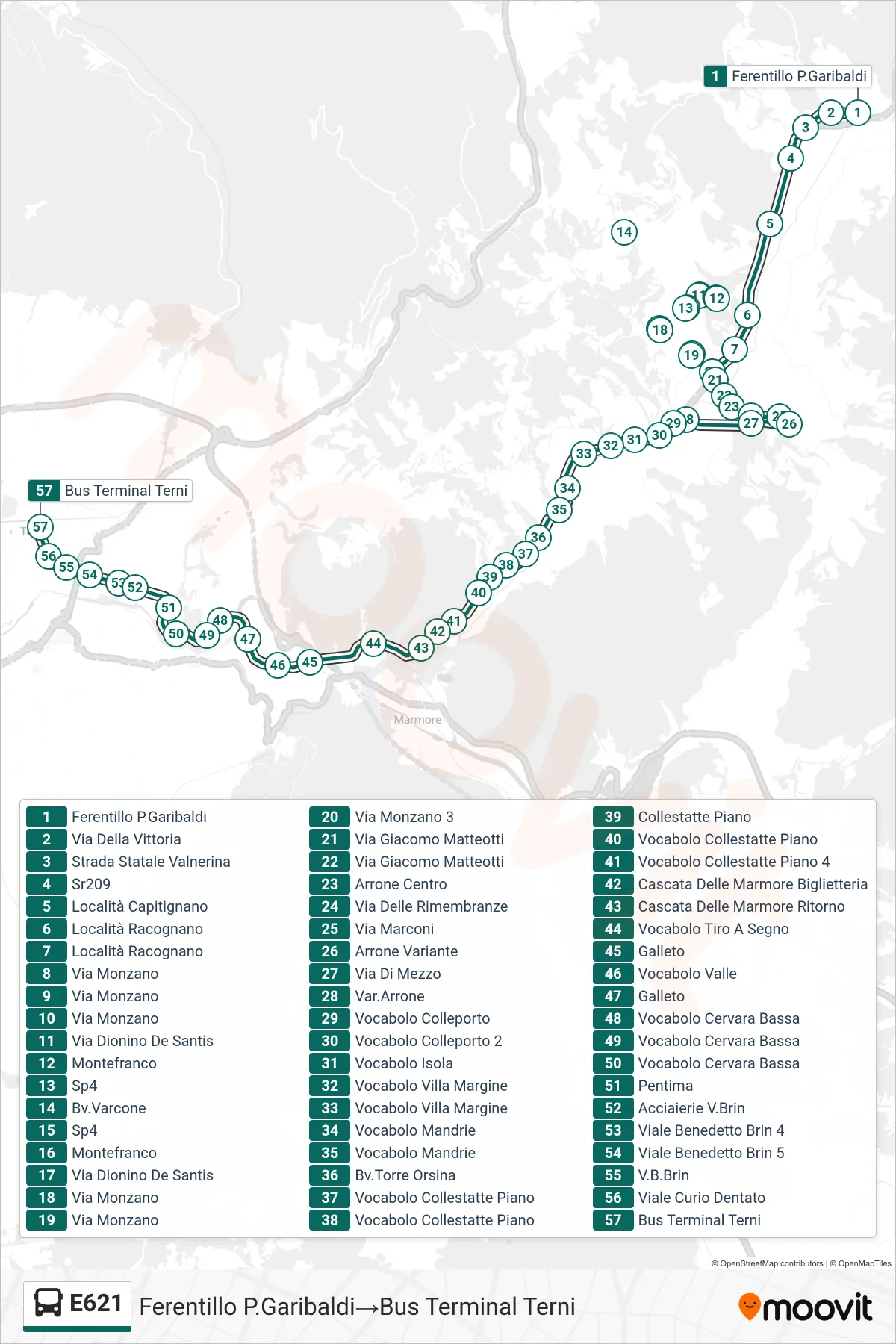 Linea E621 bus (Ferentillo P.Garibaldi→Bus Terminal Terni) - Percorsi e fermate sulla mappa