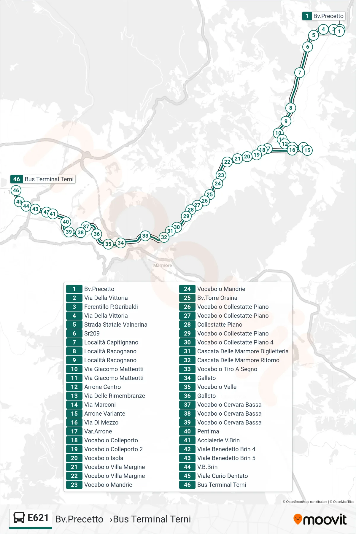 Linea E621 bus (Bv.Precetto→Bus Terminal Terni) - Percorsi e fermate sulla mappa