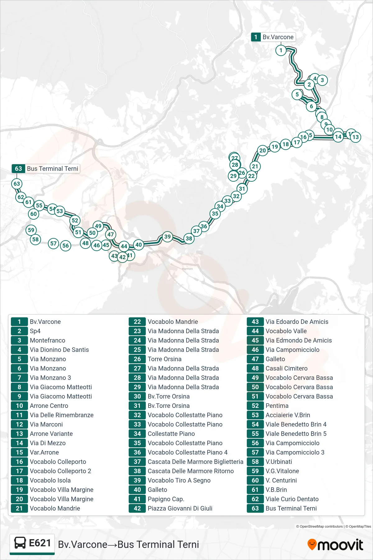 Linea E621 bus (Bv.Varcone→Bus Terminal Terni) - Percorsi e fermate sulla mappa
