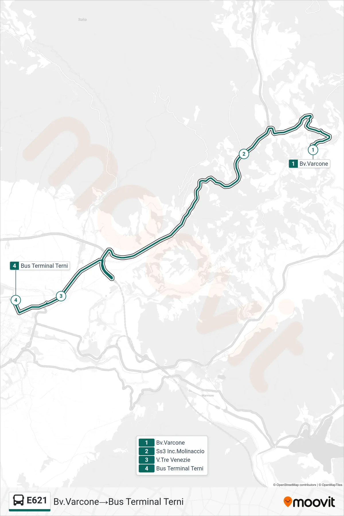E621 bus Line (Varcone Junction‎→Bus Terminal Terni) route and stops on a map