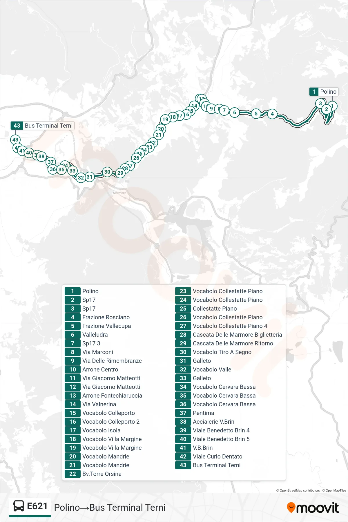 Linea E621 bus (Polino→Bus Terminal Terni) - Percorsi e fermate sulla mappa