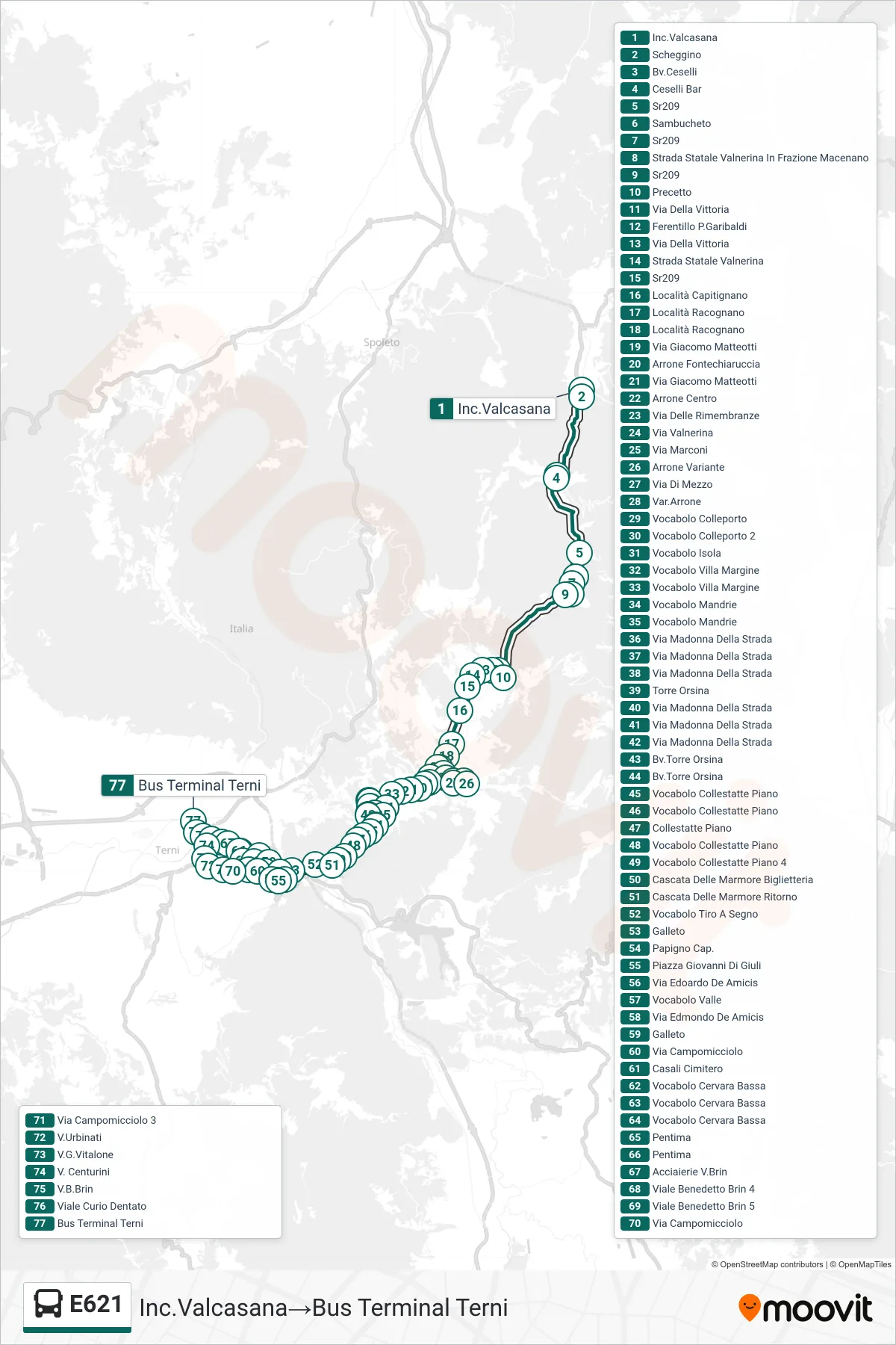 Linea E621 bus (Inc.Valcasana→Bus Terminal Terni) - Percorsi e fermate sulla mappa