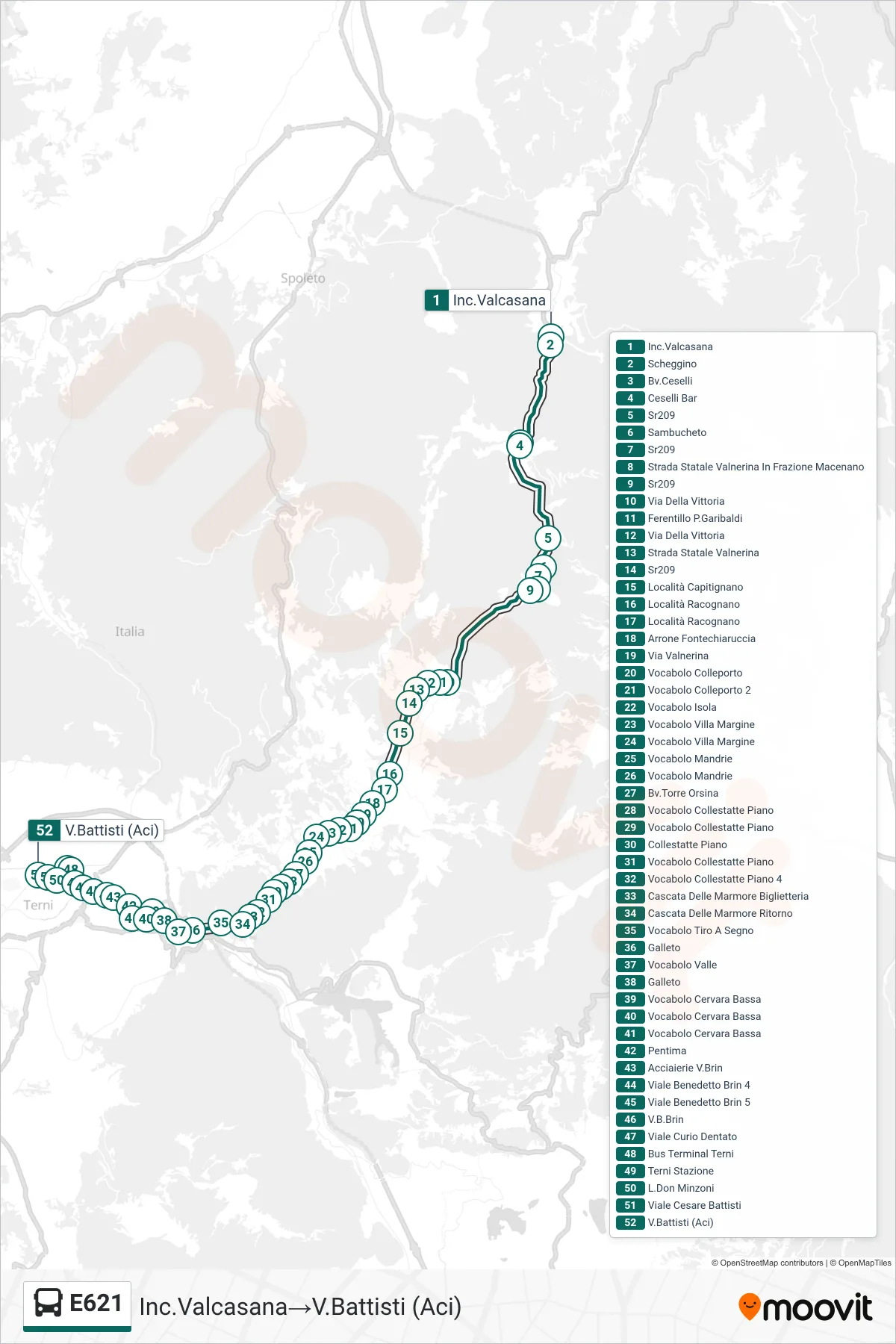 Linea E621 bus (Inc.Valcasana→V.Battisti (Aci)) - Percorsi e fermate sulla mappa