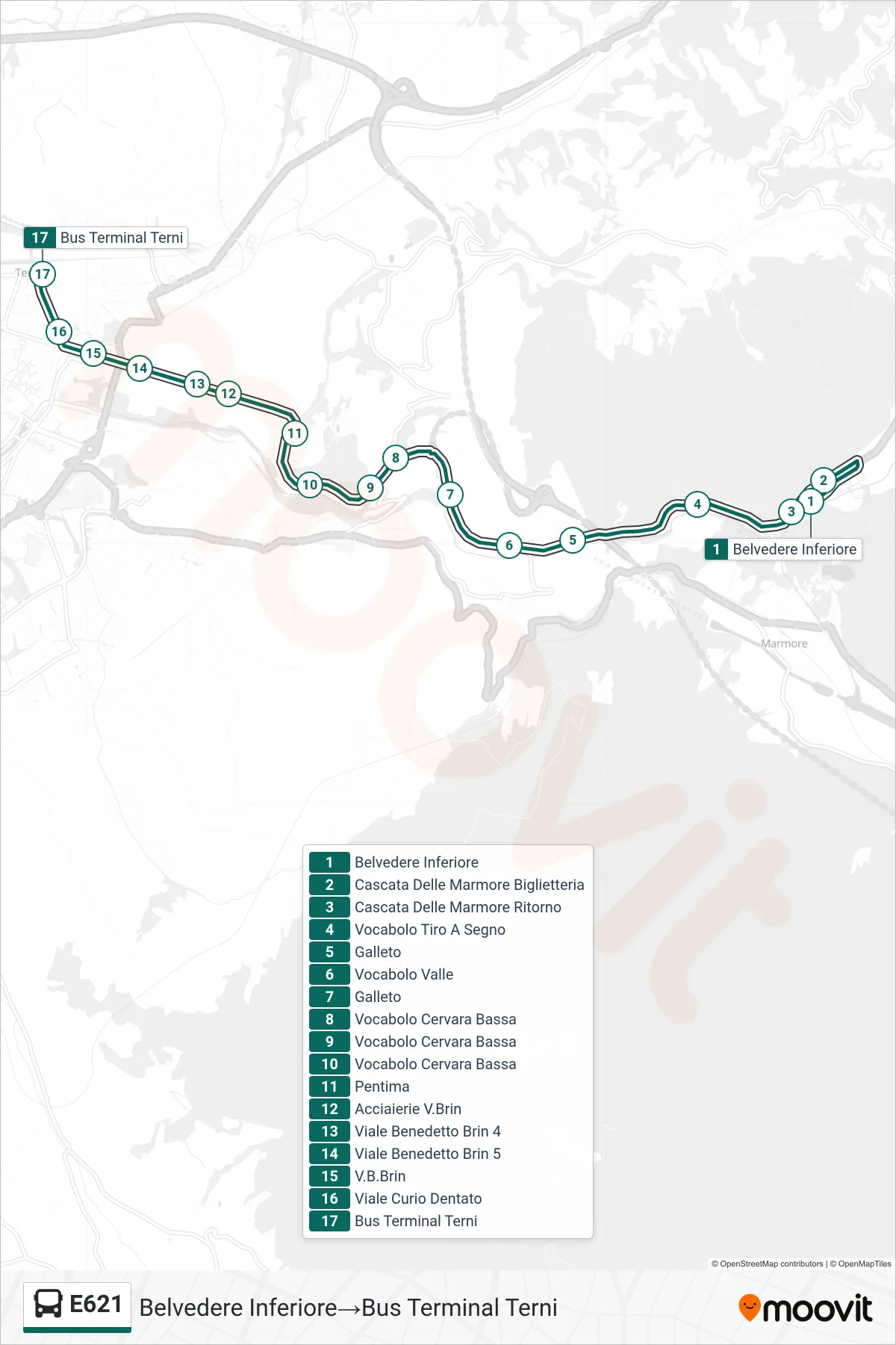 Linea E621 bus (Belvedere Inferiore→Bus Terminal Terni) - Percorsi e fermate sulla mappa